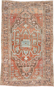 4' x 7' one-of-a-kind handmade vintage Serapi rug. Color palette: terra cotta, rust, slate, ivory, taupe, charcoal, camel
