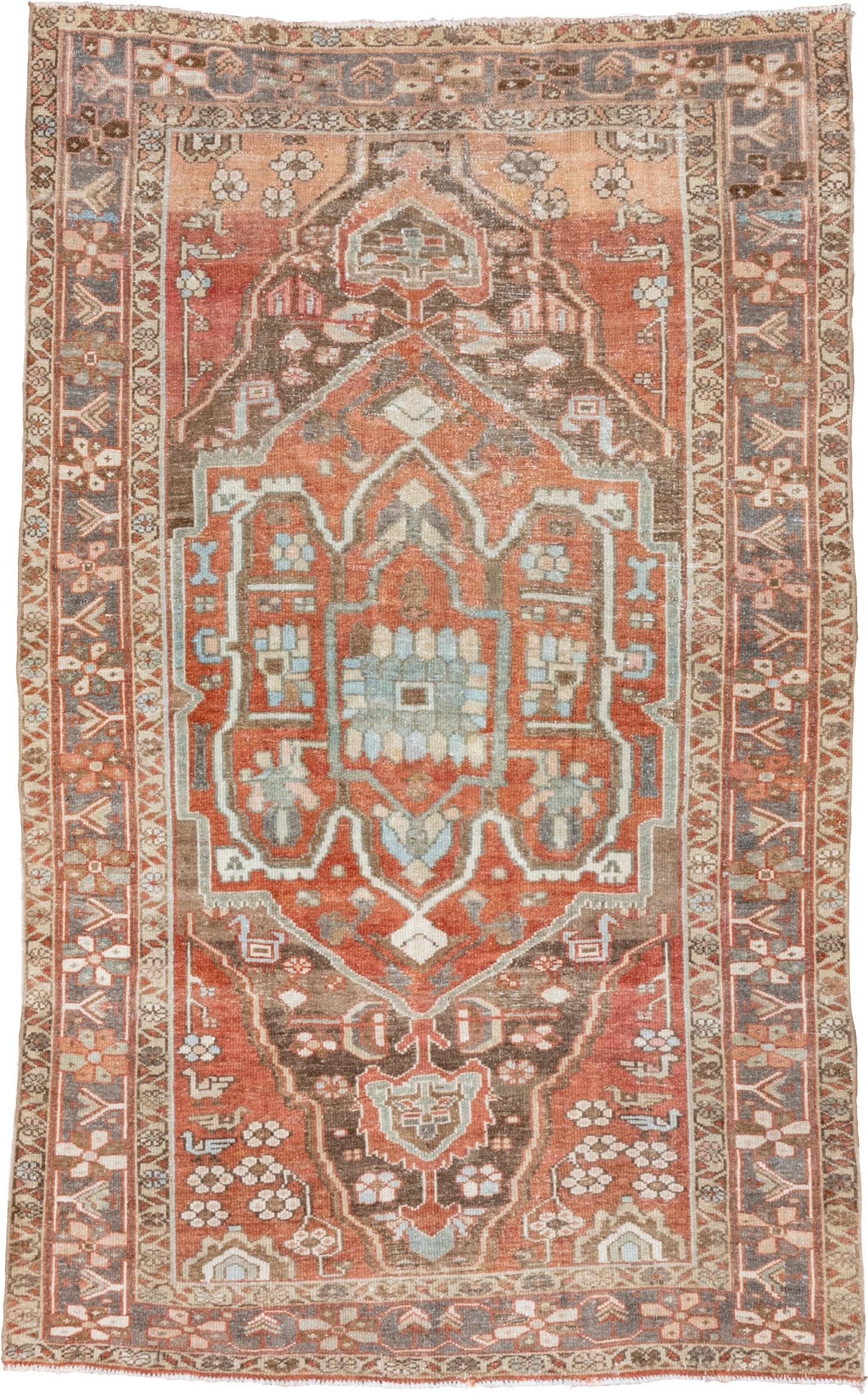 4' x 7' one-of-a-kind handmade vintage Serapi rug. Color palette: terra cotta, rust, slate, ivory, taupe, charcoal, camel