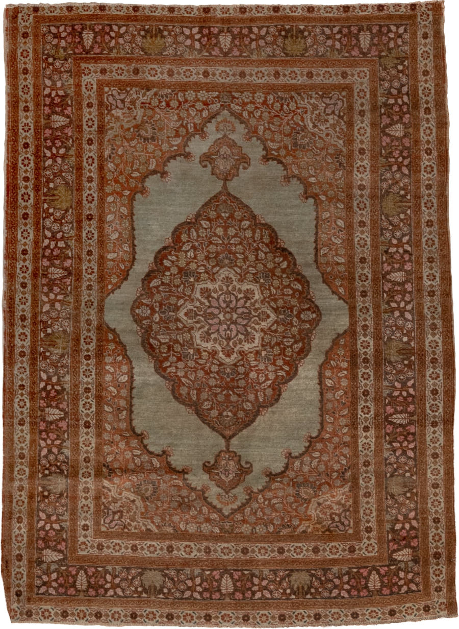 4' x 5' one-of-a-kind handmade vintage Tabriz small size rug. Color palette: rust, ivory, rose, taupe, camel, brown, sage