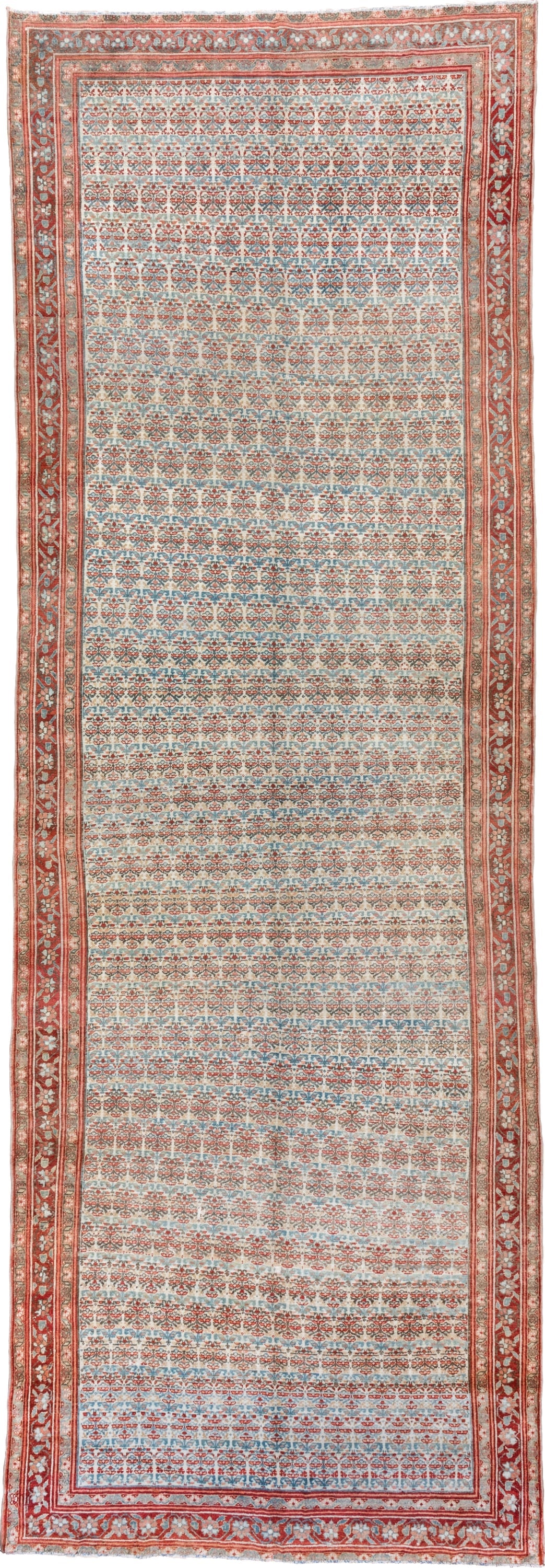 5' x 15' one-of-a-kind handmade vintage Malayer rug. Color palette: ivory, rust, sky_blue, coral, slate, rose, terracotta