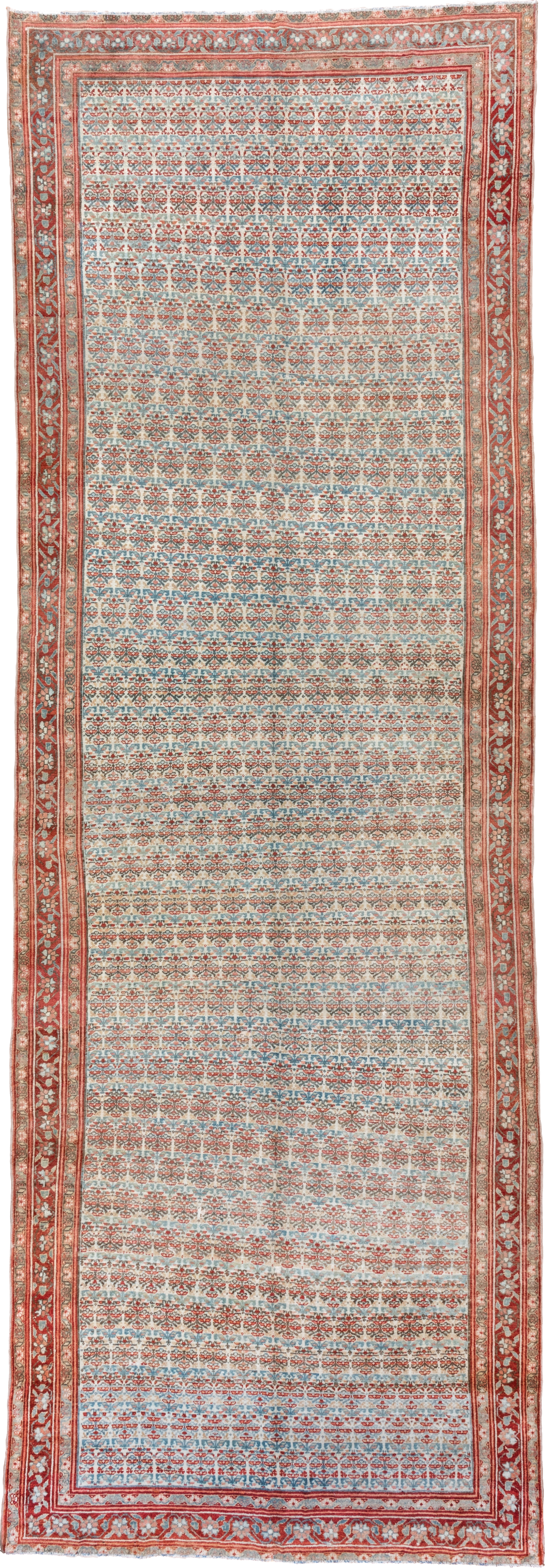 5' x 15' one-of-a-kind handmade vintage Malayer rug. Color palette: ivory, rust, sky_blue, coral, slate, rose, terracotta