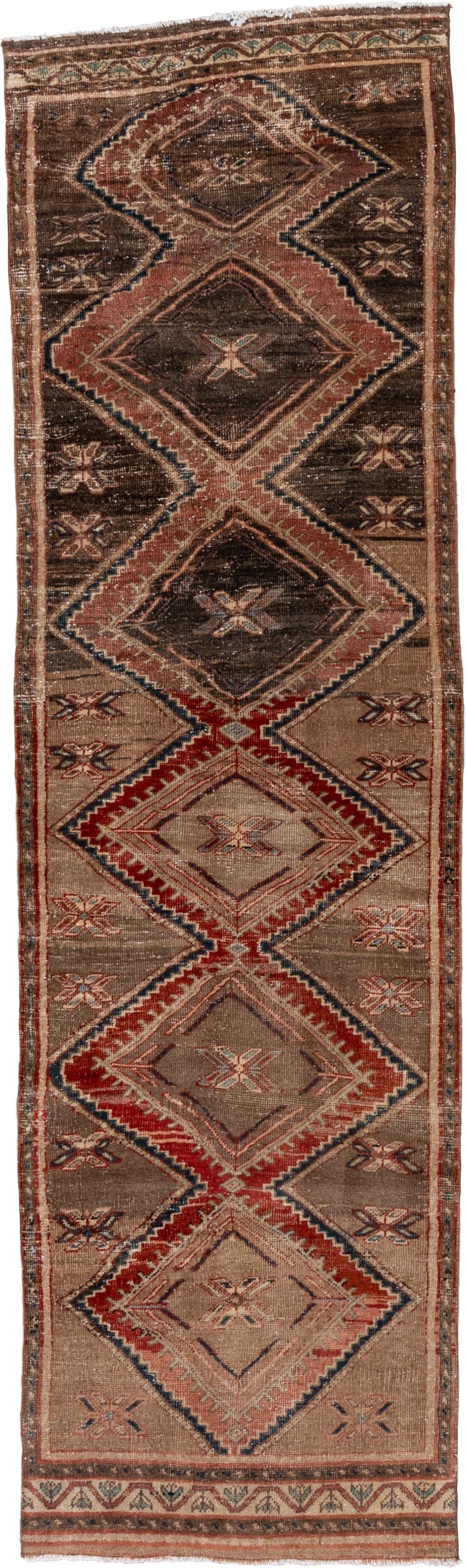 2' x 9' one-of-a-kind handmade vintage Bidjar runner rug. Color palette: brown, camel, taupe, rust, ivory, navy, beige, gray