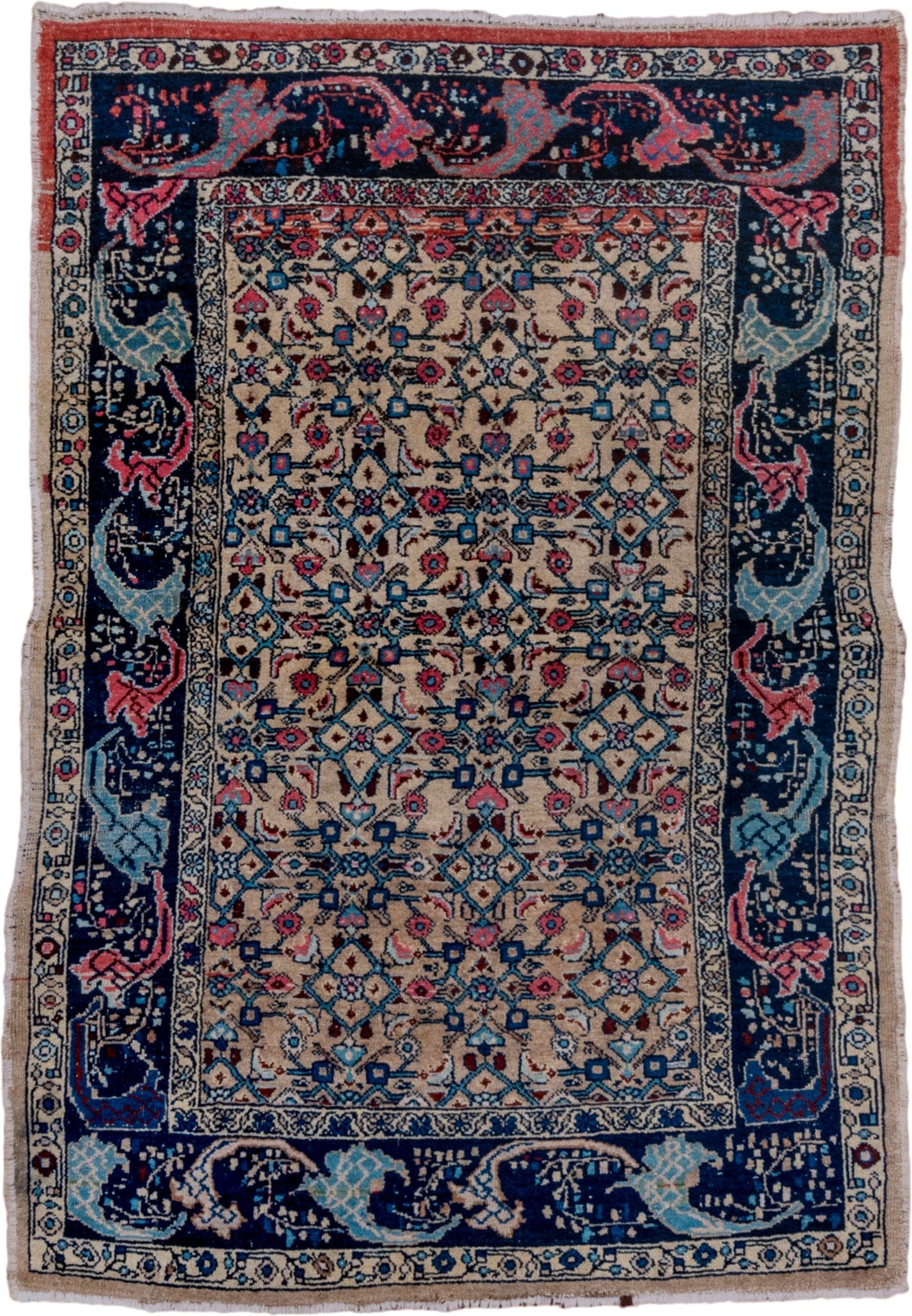 4' x 6' one-of-a-kind handmade vintage Malayer small size rug. Color palette: ivory, navy, sky blue, rose, coral, slate