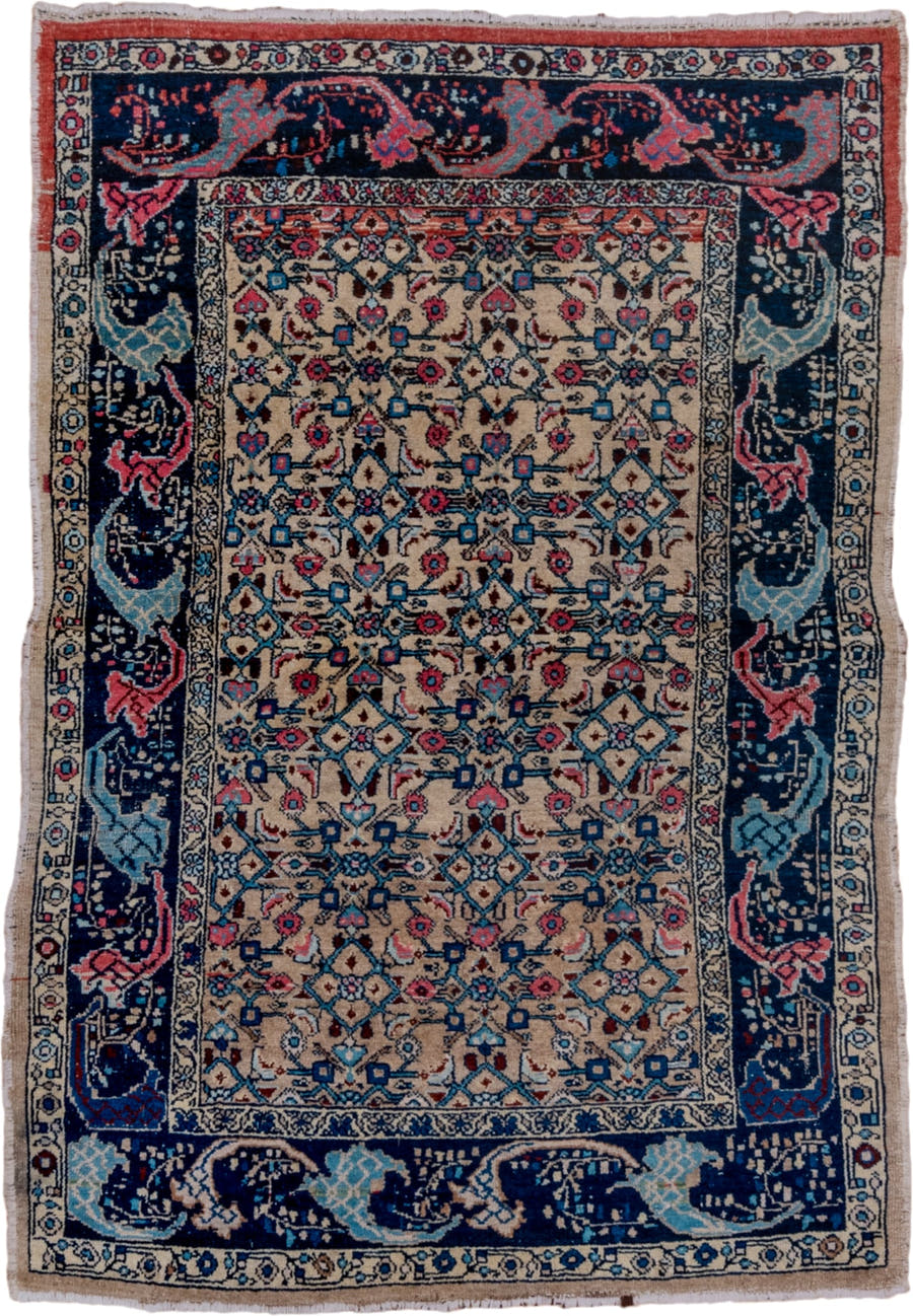 4' x 6' one-of-a-kind handmade vintage Malayer small size rug. Color palette: ivory, navy, sky blue, rose, coral, slate