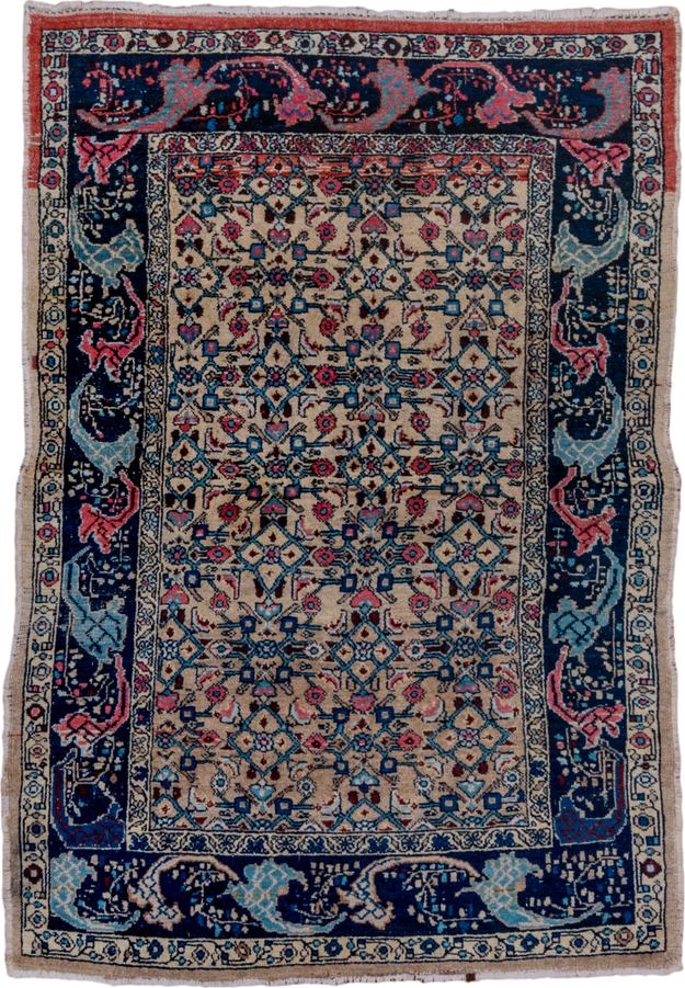 4' x 6' one-of-a-kind handmade vintage Malayer small size rug. Color palette: ivory, navy, sky blue, rose, coral, slate