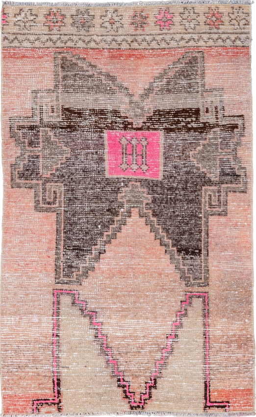 2' x 3' one-of-a-kind handmade vintage Oushak small size rug. Color palette: brown, dark gray, gray, light gray, off-white