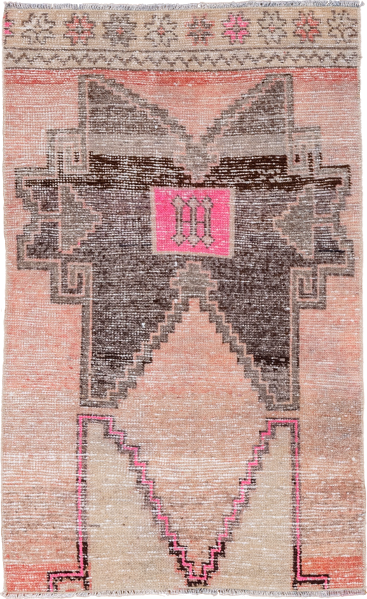 2' x 3' one-of-a-kind handmade vintage Oushak small size rug. Color palette: peach, charcoal, ivory, hot pink, taupe, coral