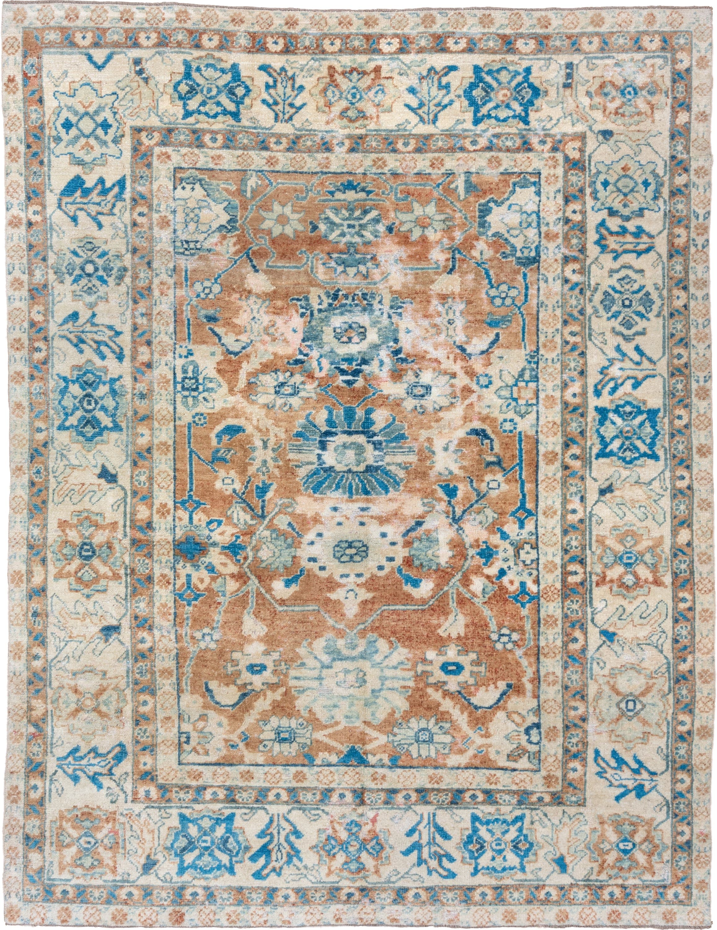 8' x 11' one-of-a-kind handmade vintage Oushak large size rug. Color palette: ivory, sky blue, terracotta, beige, camel