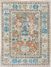 8' x 11' one-of-a-kind handmade vintage Oushak large size rug. Color palette: ivory, sky blue, terracotta, beige, camel