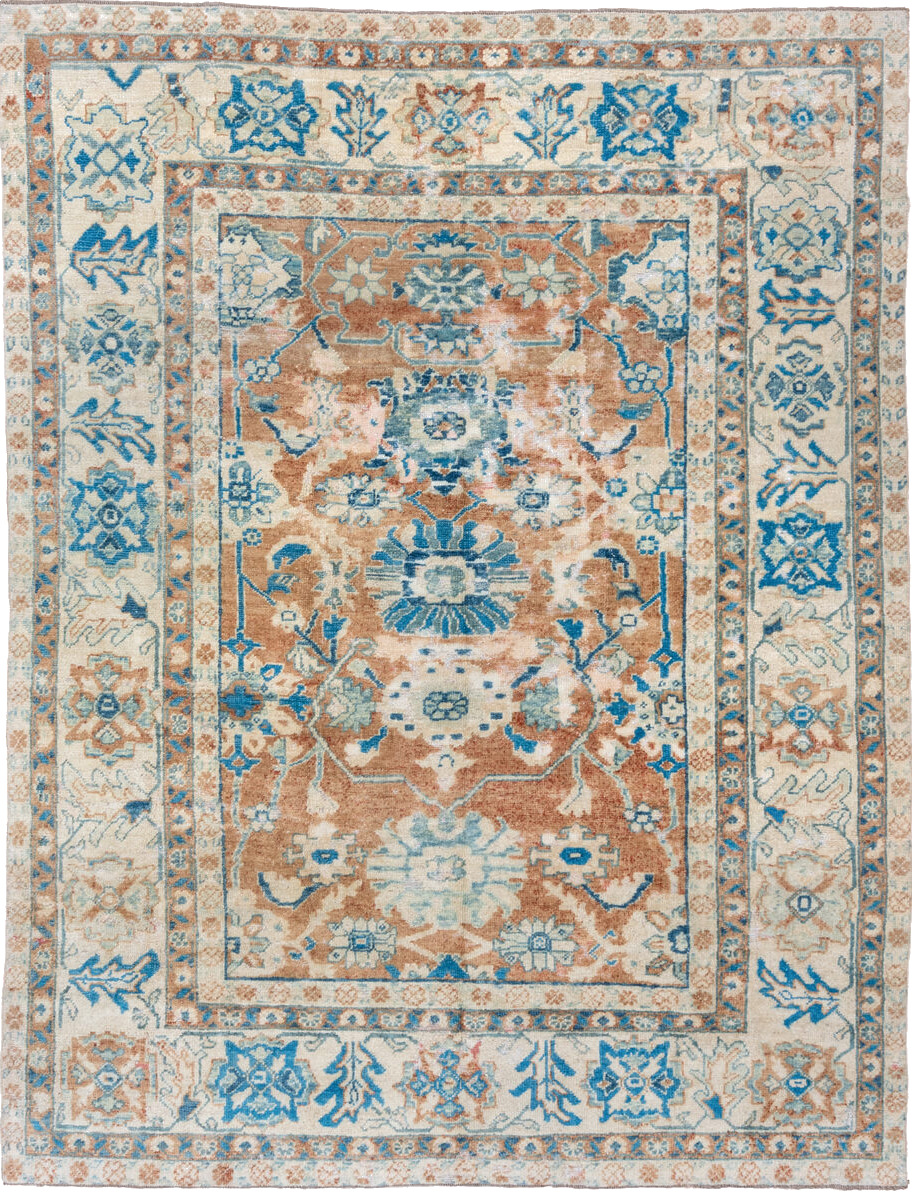8' x 11' one-of-a-kind handmade vintage Oushak large size rug. Color palette: antiquewhite, blue, brown, gainsboro, gray