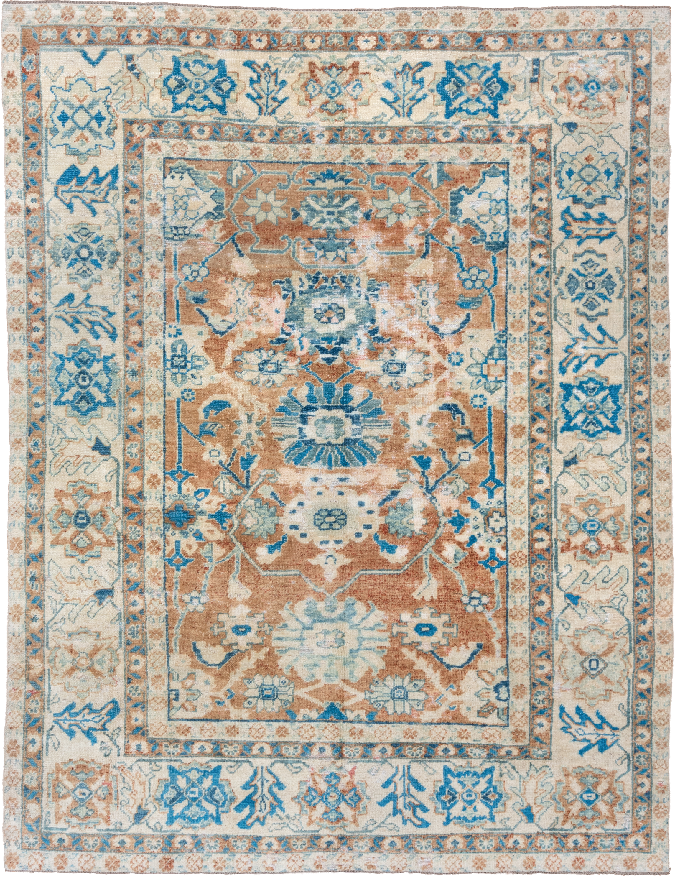 8' x 11' one-of-a-kind handmade vintage Oushak large size rug. Color palette: ivory, sky blue, terracotta, beige, camel