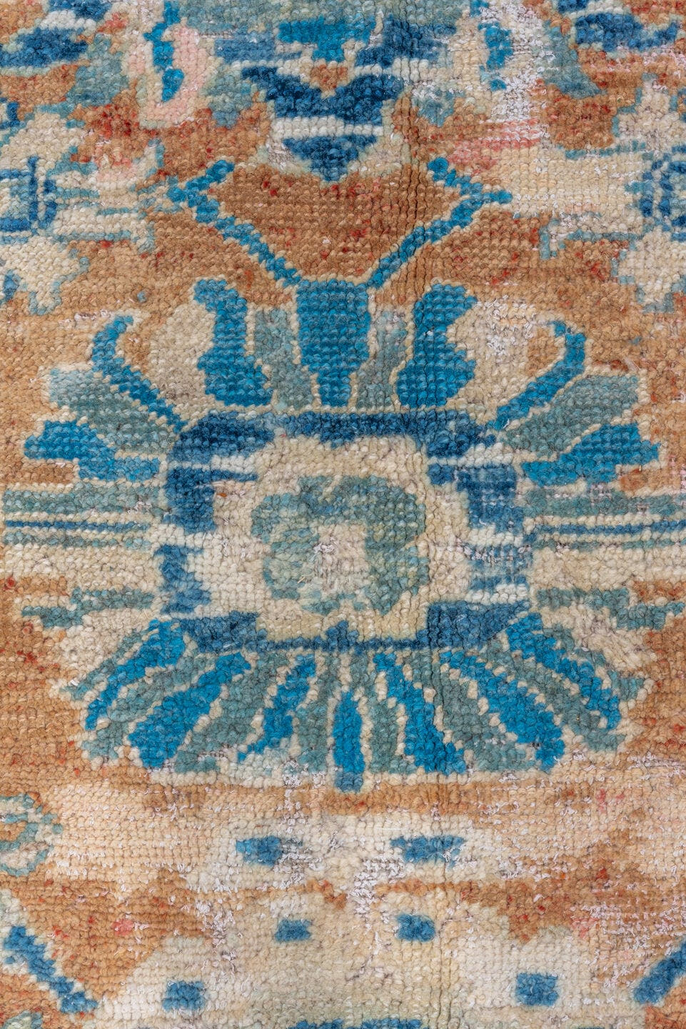 8' x 11' one-of-a-kind handmade vintage Oushak large size rug. Color palette: ivory, sky blue, terracotta, beige, camel