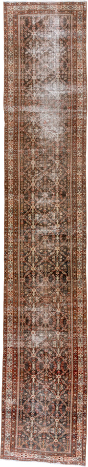 3' x 16' one-of-a-kind handmade antique Mahal runner rug. Color palette: brown, rust, ivory, charcoal, terra cotta, taupe