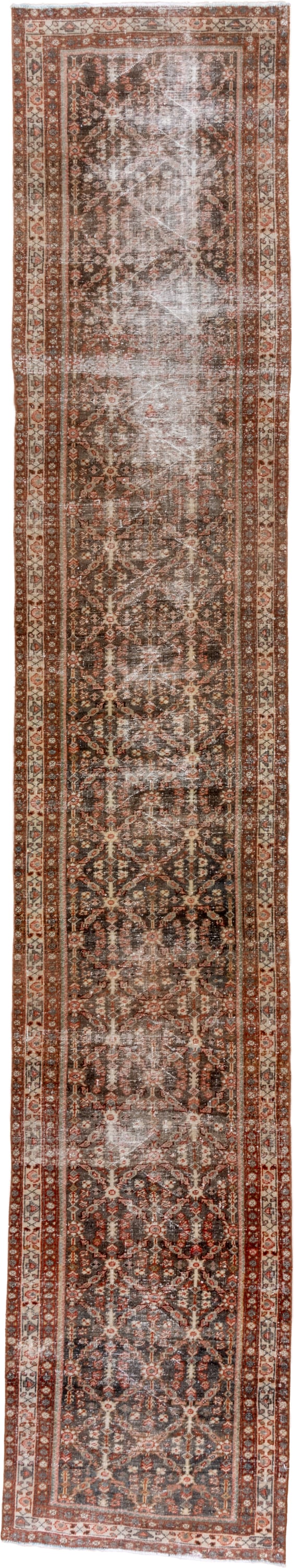 3' x 16' one-of-a-kind handmade antique Mahal runner rug. Color palette: brown, rust, ivory, charcoal, terra cotta, taupe