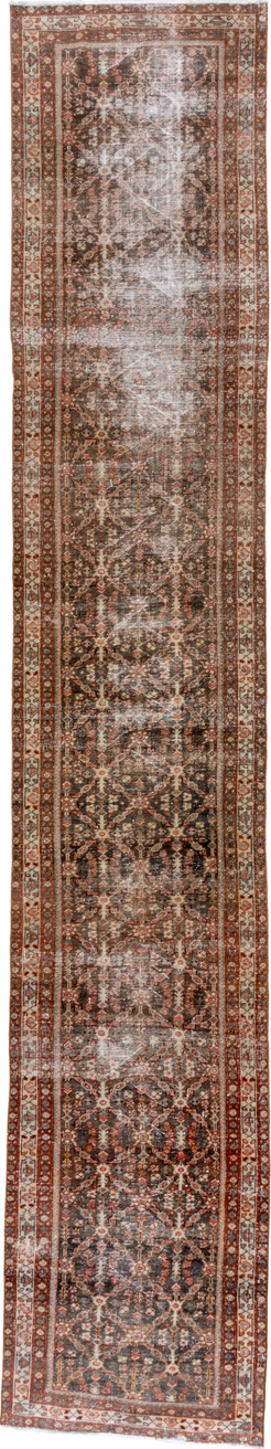 3' x 16' one-of-a-kind handmade antique Mahal runner rug. Color palette: brown, rust, ivory, charcoal, terra cotta, taupe