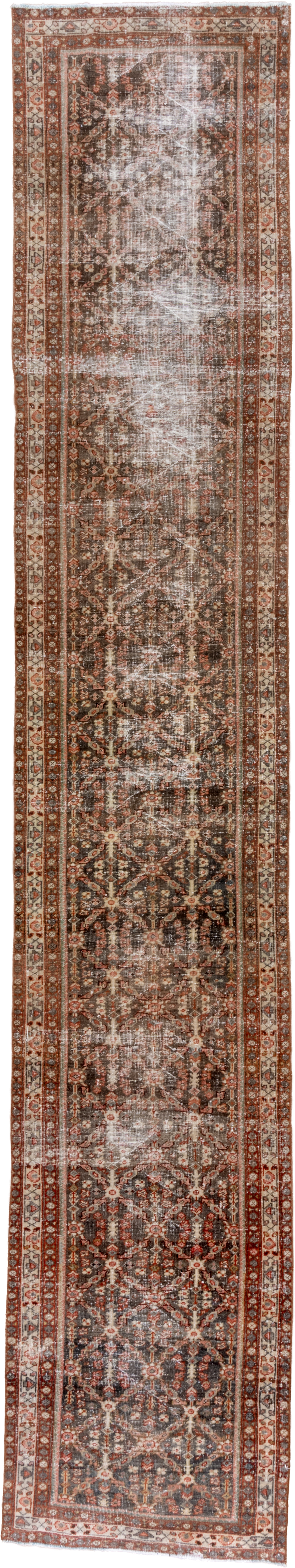 3' x 16' one-of-a-kind handmade antique Mahal runner rug. Color palette: brown, rust, ivory, charcoal, terra cotta, taupe