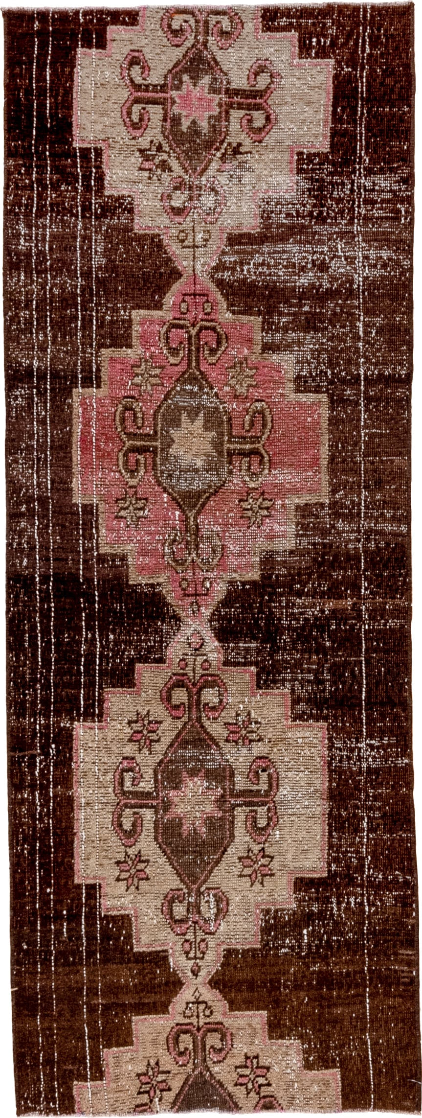 2' x 7' one-of-a-kind handmade vintage Kars runner rug. Color palette: brown, ivory, rose, taupe, dusty pink, pink, red