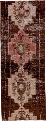 2' x 7' one-of-a-kind handmade vintage Kars runner rug. Color palette: brown, ivory, rose, taupe, dusty pink, pink, red