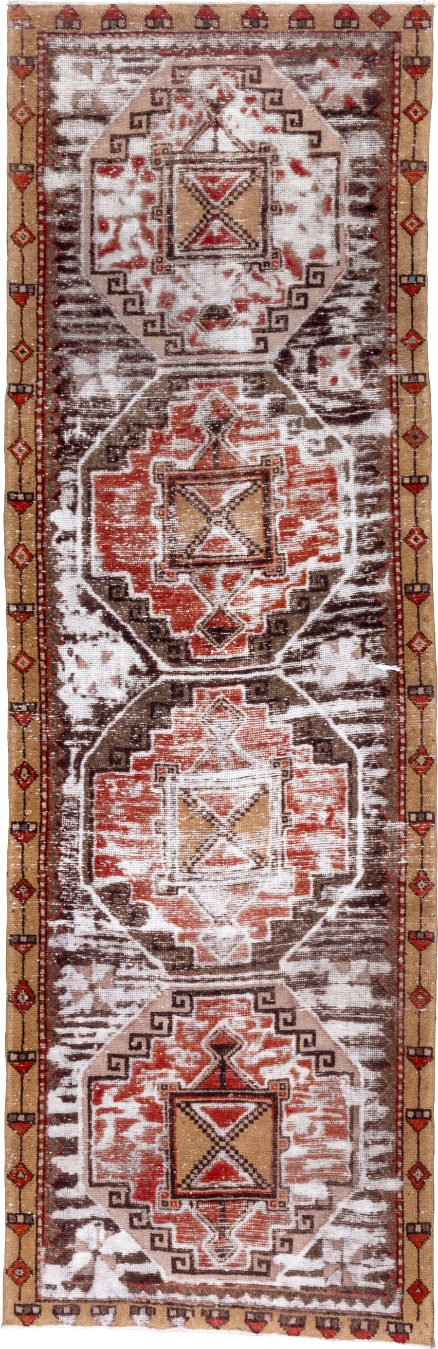 3' x 10' one-of-a-kind handmade vintage Oushak runner rug. Color palette: ivory, brown, rust, camel, terracotta, charcoal