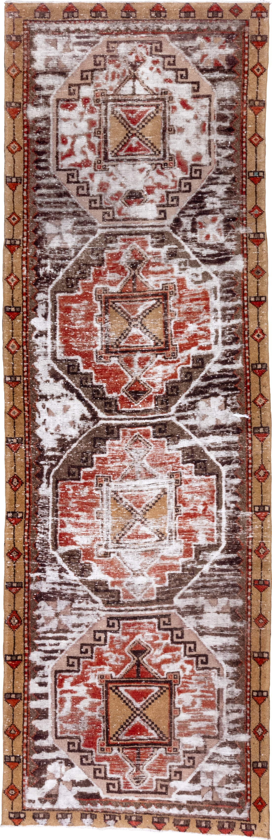 3' x 10' one-of-a-kind handmade vintage Oushak runner rug. Color palette: ivory, brown, rust, camel, terracotta, charcoal