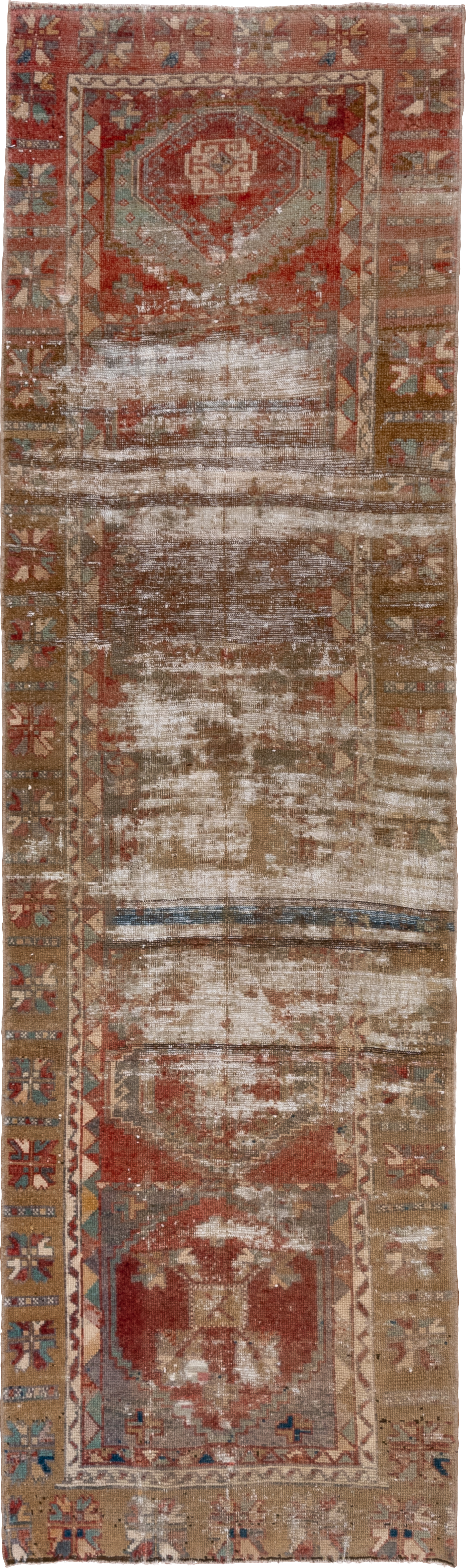 2' x 9' one-of-a-kind handmade vintage Oushak runner rug. Color palette: terra cotta, taupe, ivory, sage, rust, blue