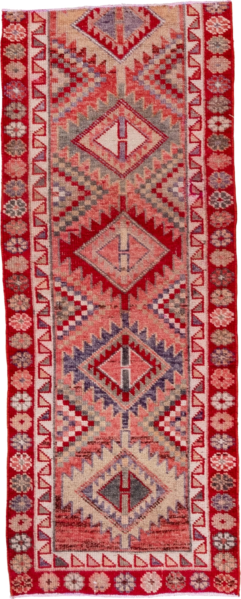 2' x 6' one-of-a-kind handmade vintage Oushak runner rug. Color palette: rust, rose, ivory, muted blue, crimson, taupe