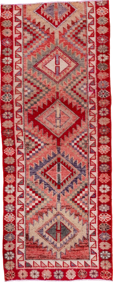 2' x 6' one-of-a-kind handmade vintage Oushak runner rug. Color palette: brown, gray, light gray, pink, red