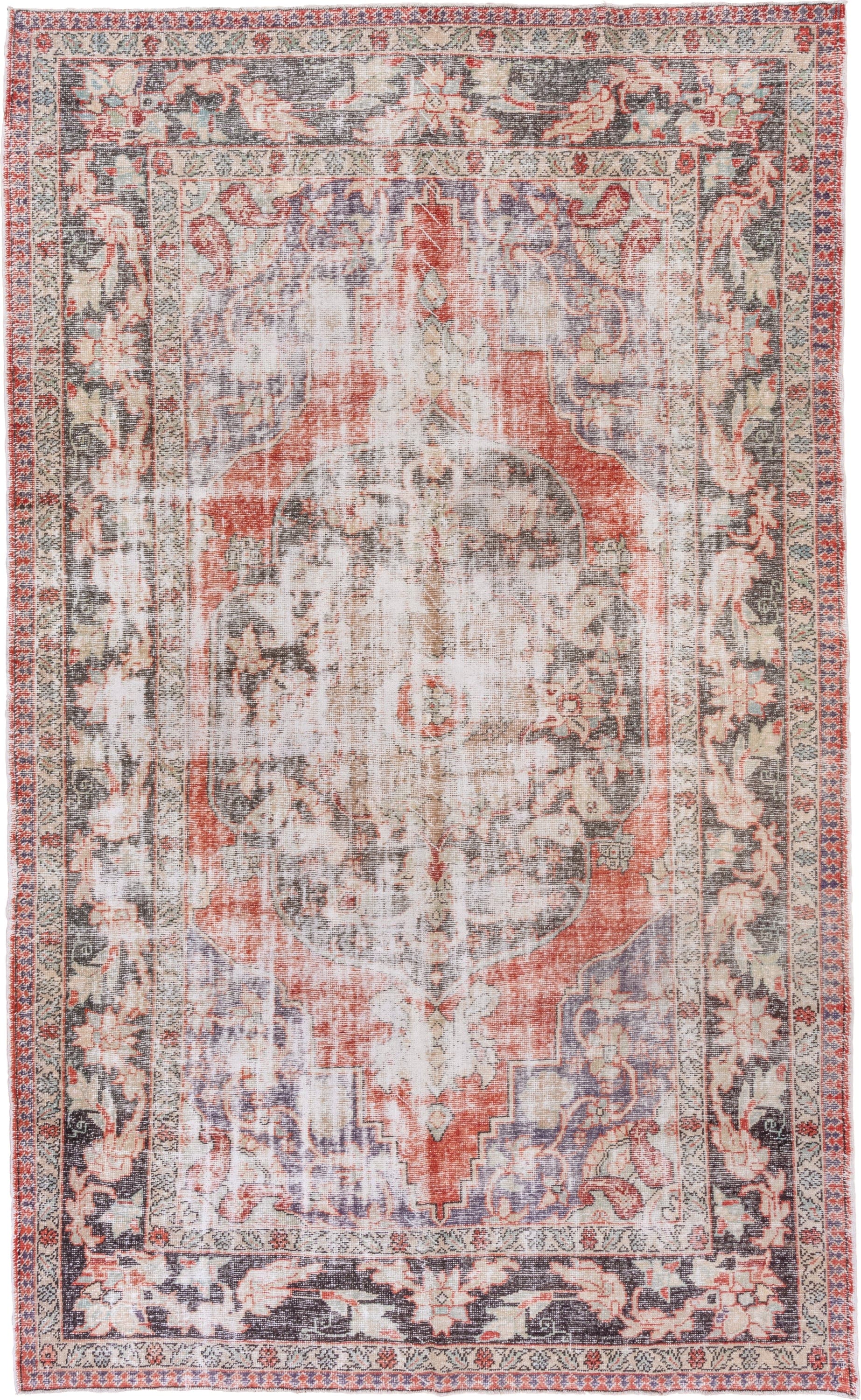 8' x 13' one-of-a-kind handmade vintage Oushak large size rug. Color palette: ivory, coral, charcoal, slate, taupe, rose