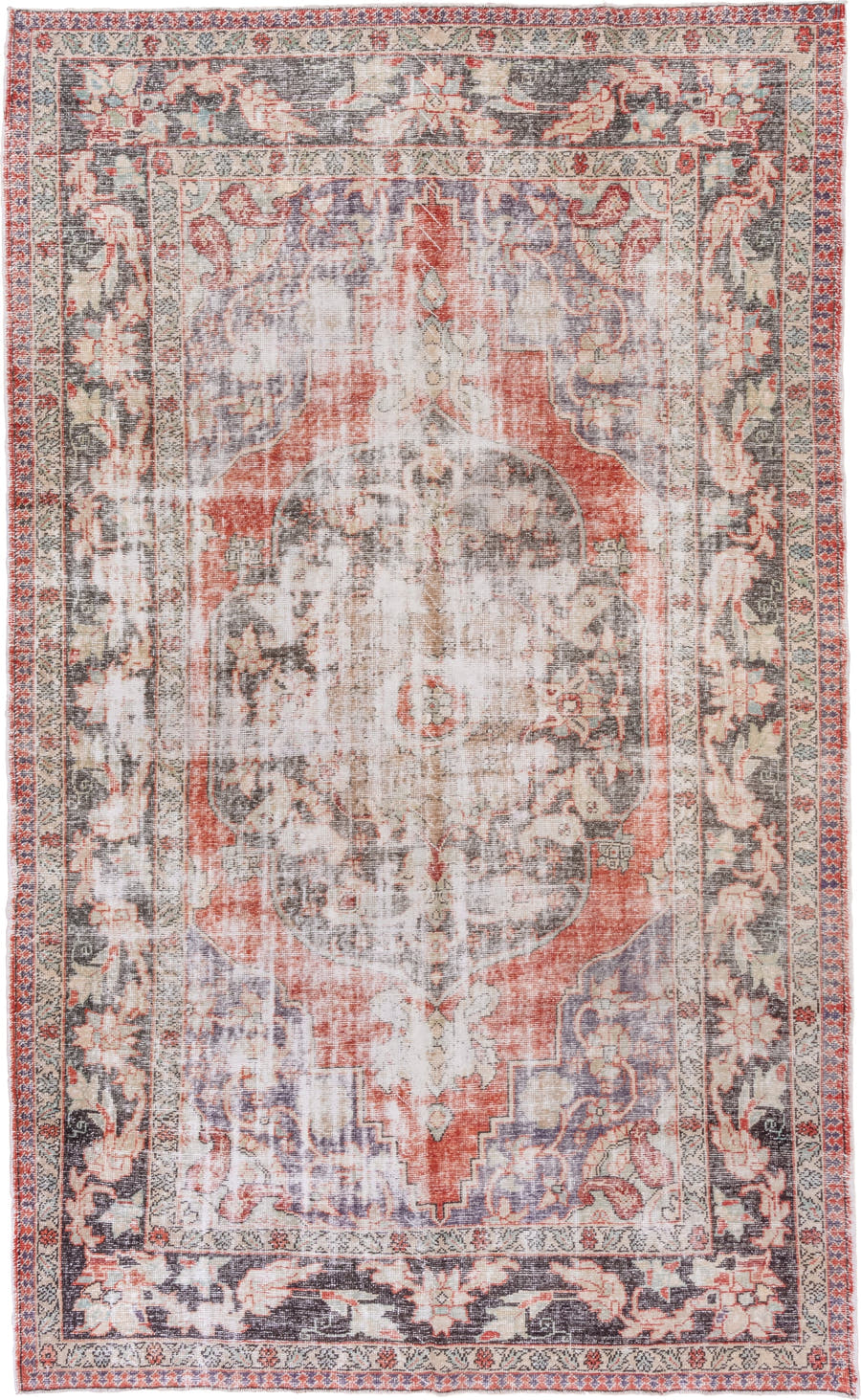 8' x 13' one-of-a-kind handmade vintage Oushak large size rug. Color palette: ivory, coral, charcoal, slate, taupe, rose