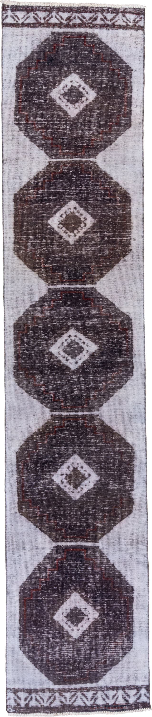 2' x 13' one-of-a-kind handmade vintage Oushak runner rug. Color palette: ivory, charcoal, taupe, brown, burgundy, gray