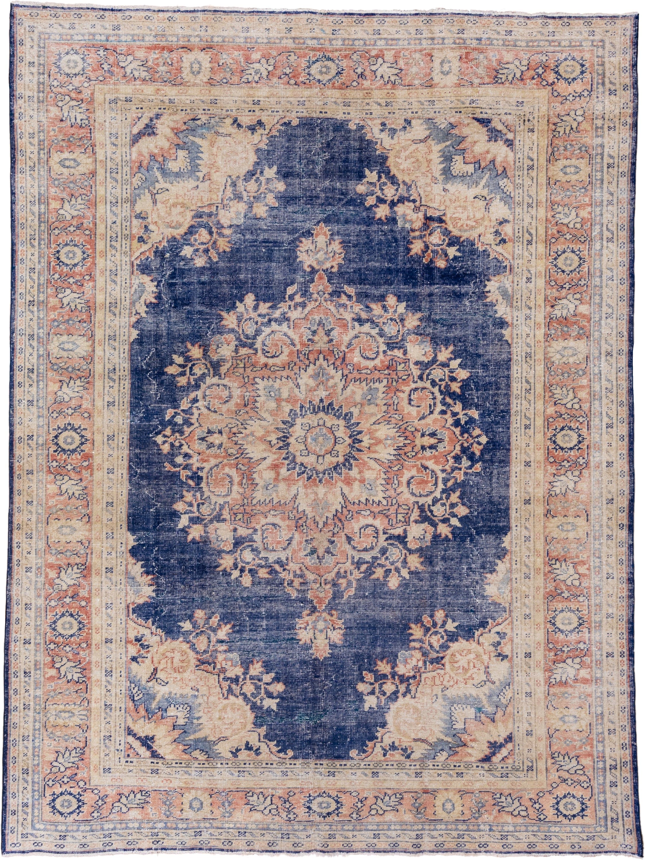 8' x 11' one-of-a-kind handmade vintage Oushak large size rug. Color palette: navy, ivory, peach, cream, faded blue, taupe