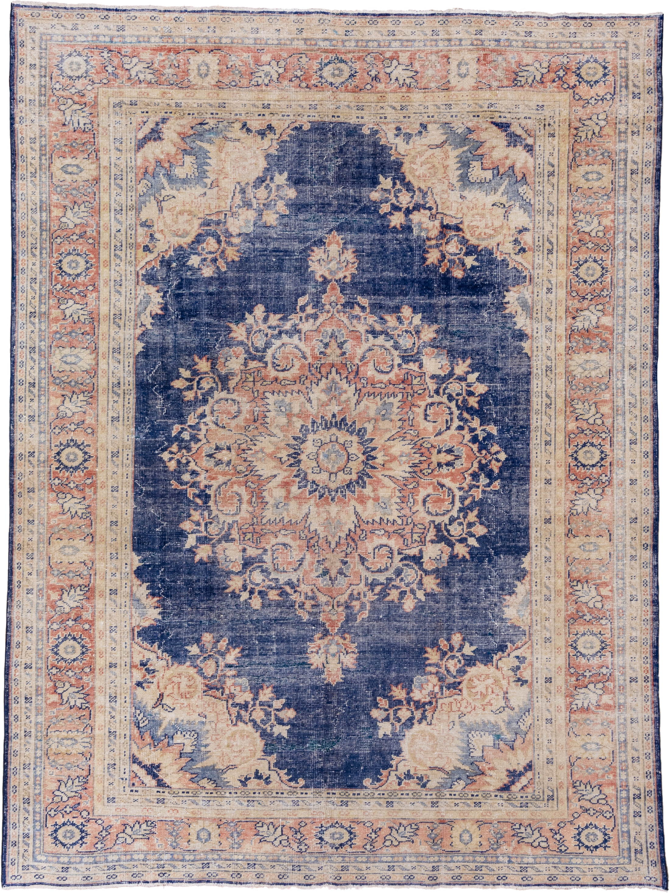 8' x 11' one-of-a-kind handmade vintage Oushak large size rug. Color palette: navy, ivory, peach, cream, faded blue, taupe
