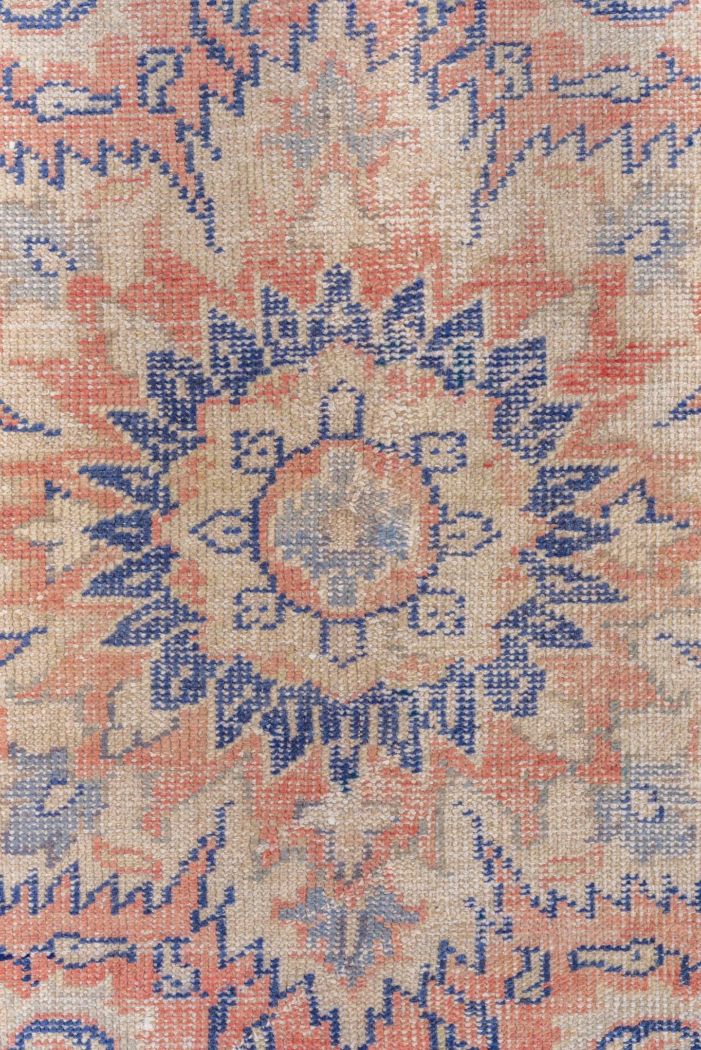 8' x 11' one-of-a-kind handmade vintage Oushak large size rug. Color palette: navy, ivory, peach, cream, faded blue, taupe