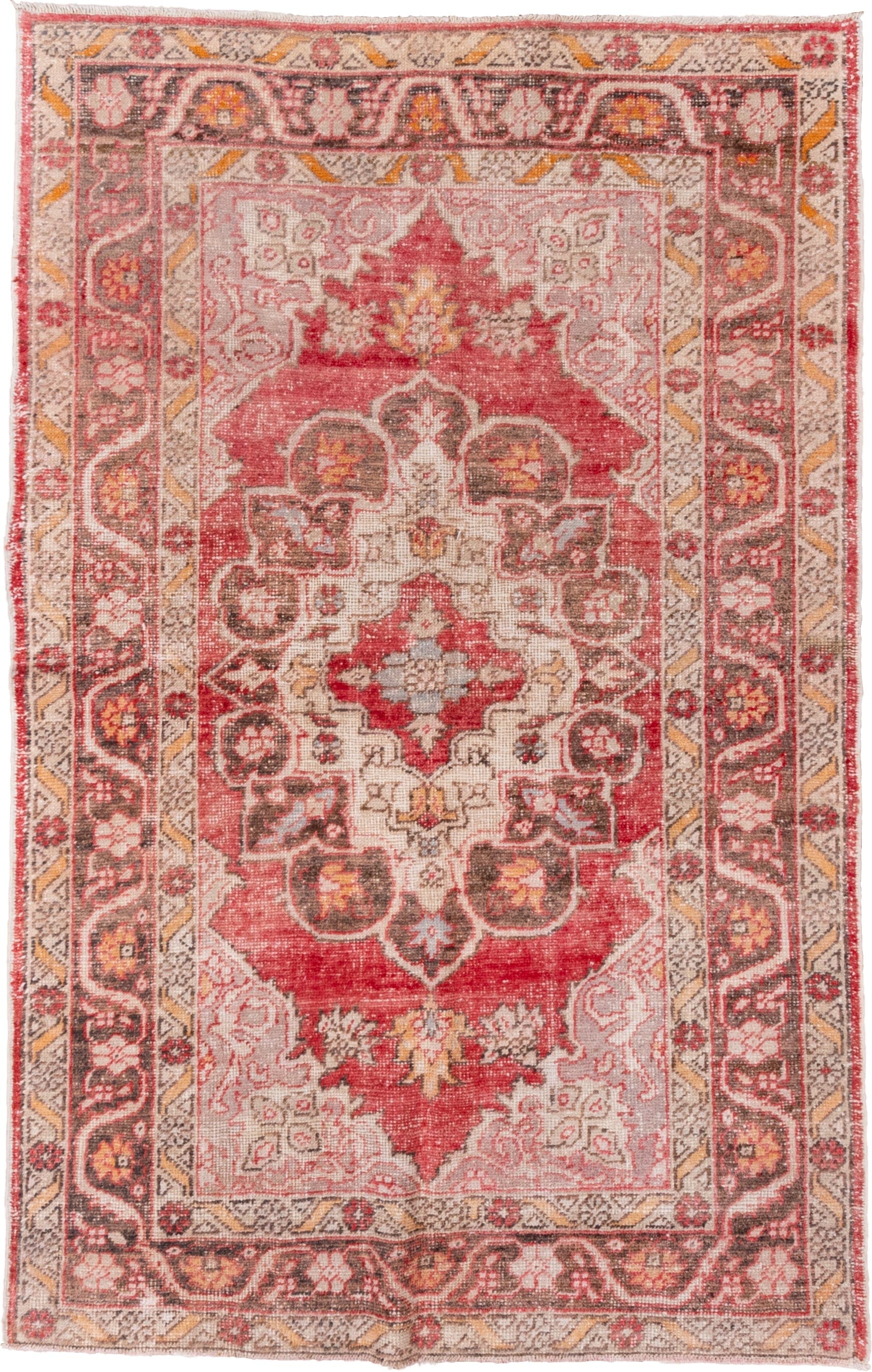 5' x 8' one-of-a-kind handmade vintage Oushak medium size rug. Color palette: coral, ivory, charcoal, gold, rose, taupe