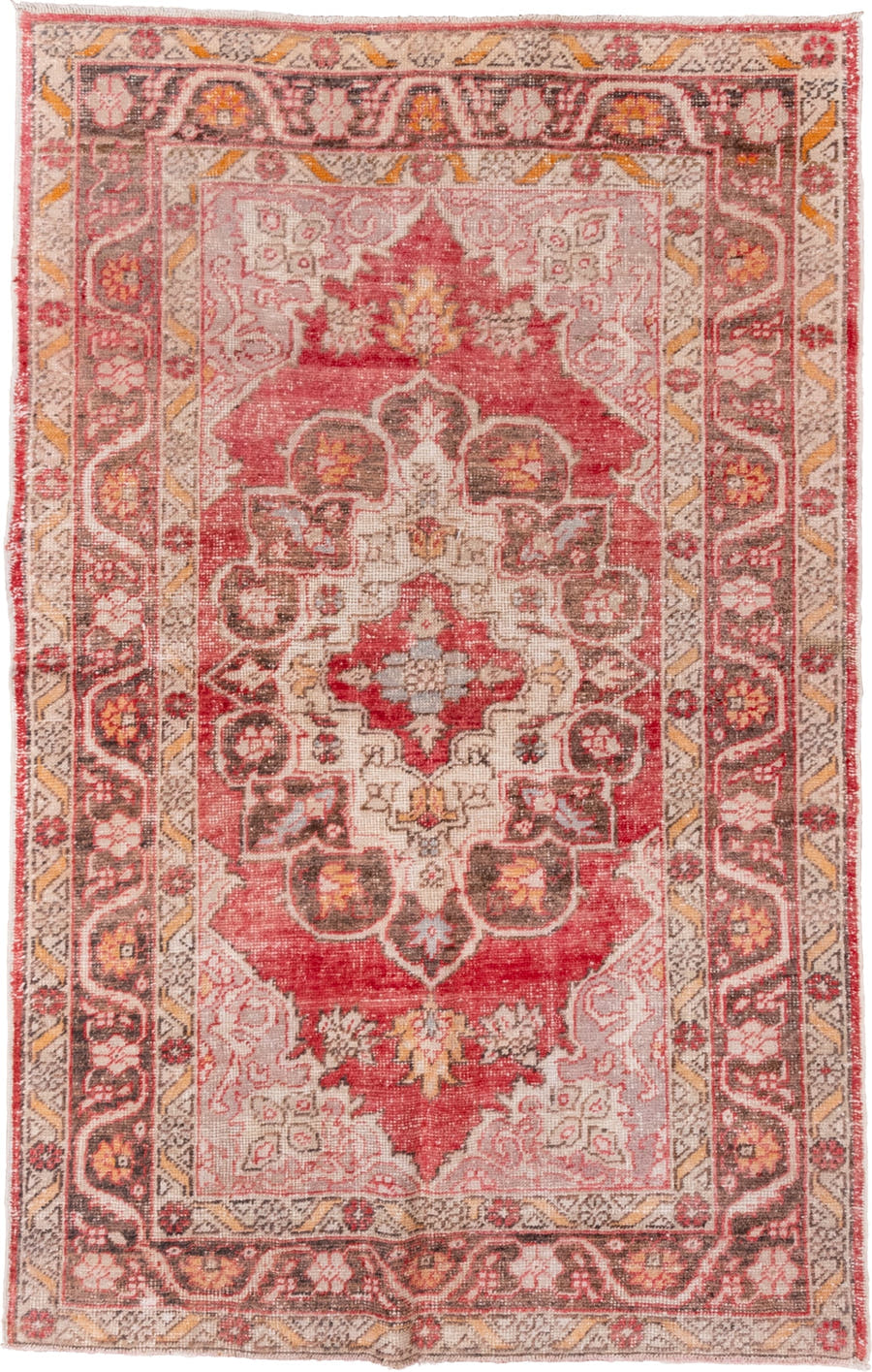 5' x 8' one-of-a-kind handmade vintage Oushak medium size rug. Color palette: coral, ivory, charcoal, gold, rose, taupe