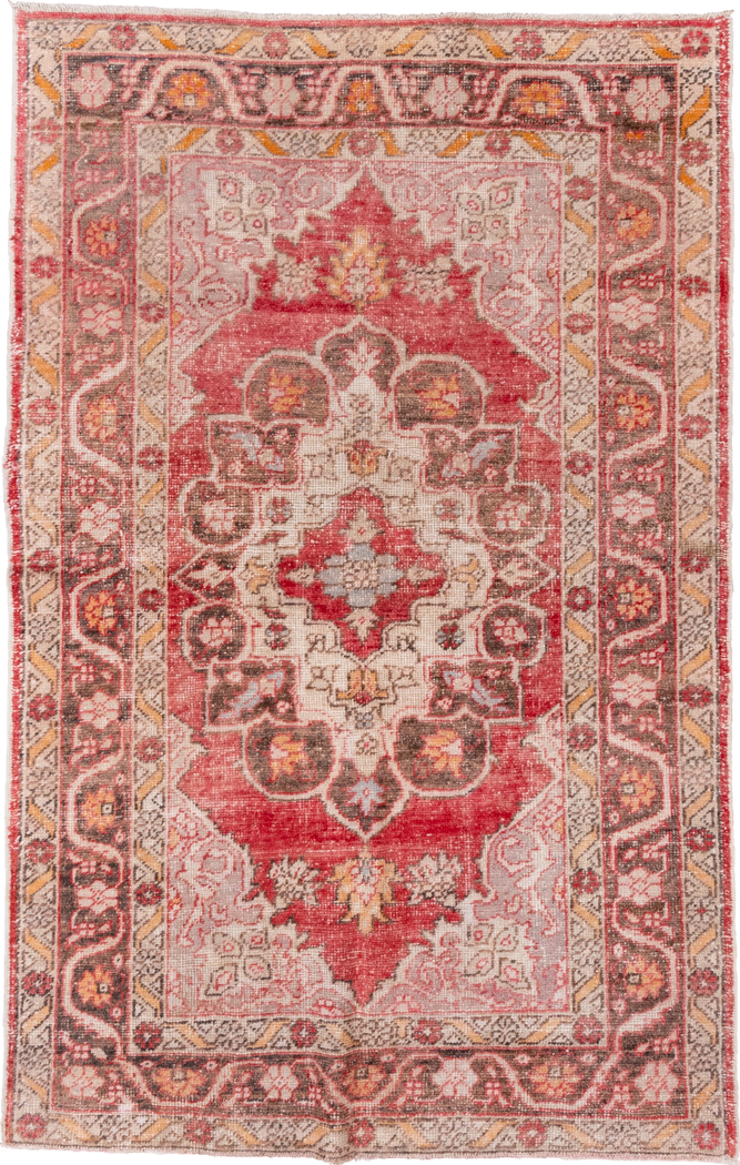 5' x 8' one-of-a-kind handmade vintage Oushak medium size rug. Color palette: coral, ivory, charcoal, gold, rose, taupe