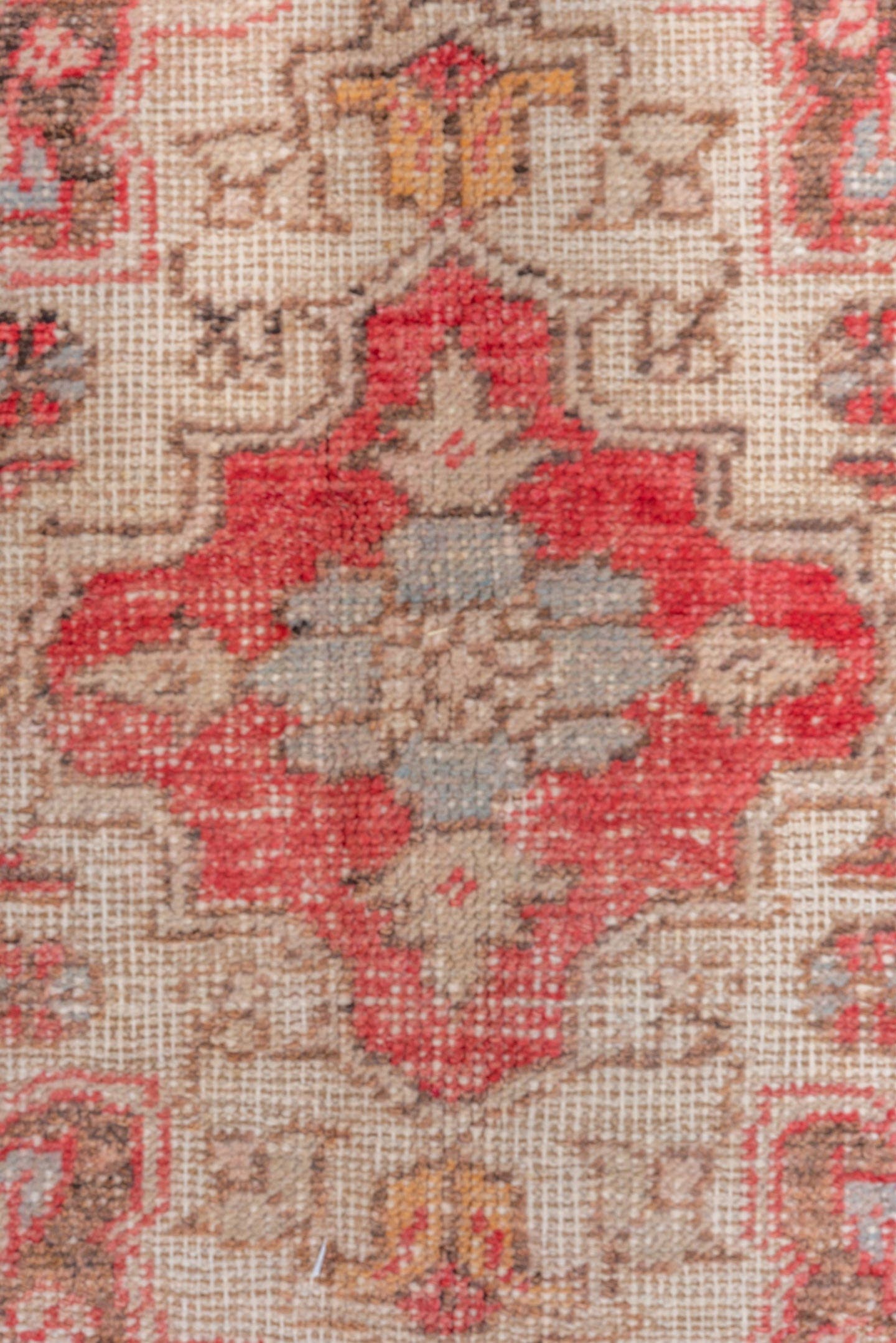 5' x 8' one-of-a-kind handmade vintage Oushak medium size rug. Color palette: coral, ivory, charcoal, gold, rose, taupe