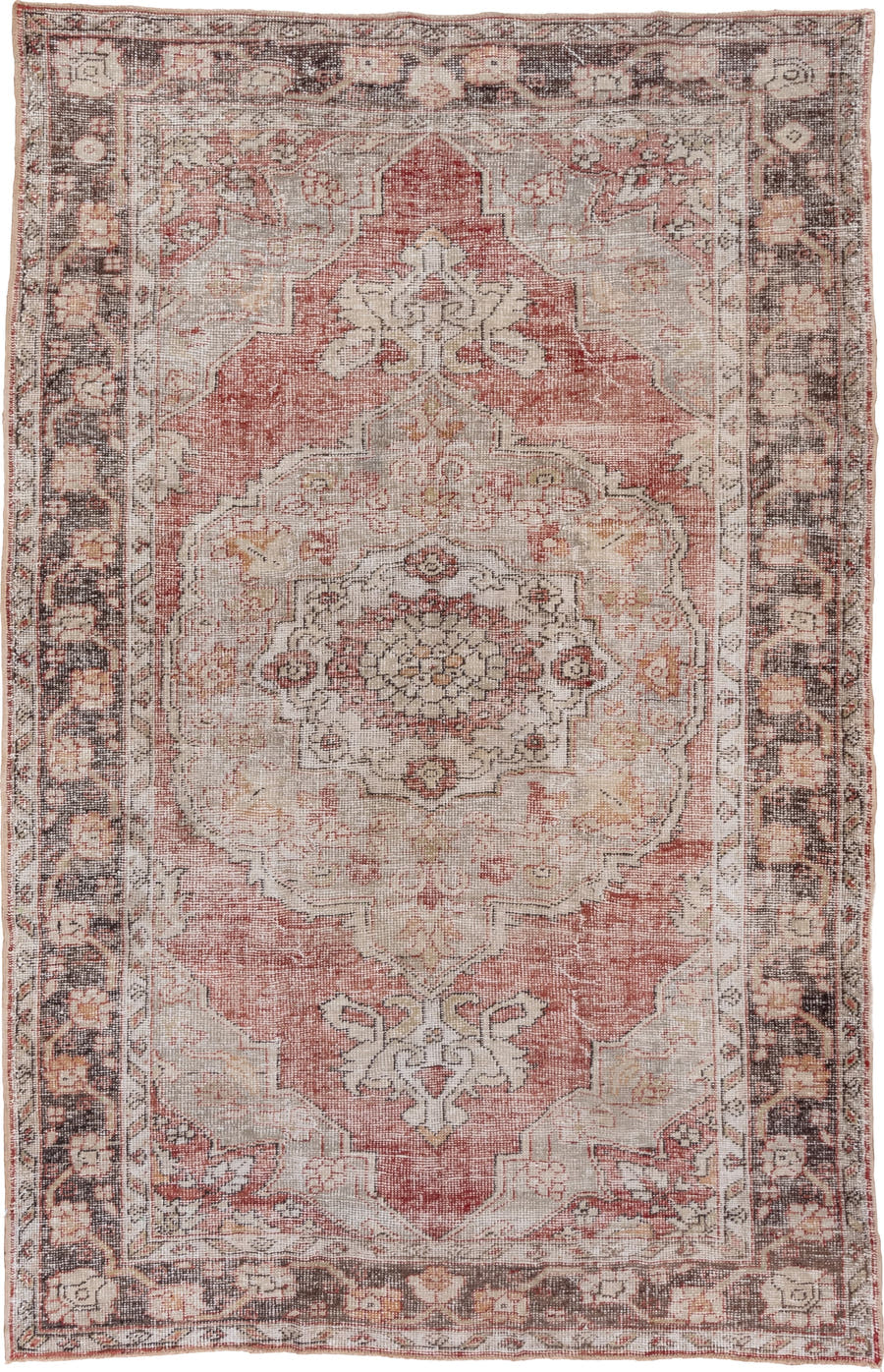 7' x 10' one-of-a-kind handmade vintage Oushak large size rug. Color palette: rose, ivory, charcoal, taupe, blush, camel