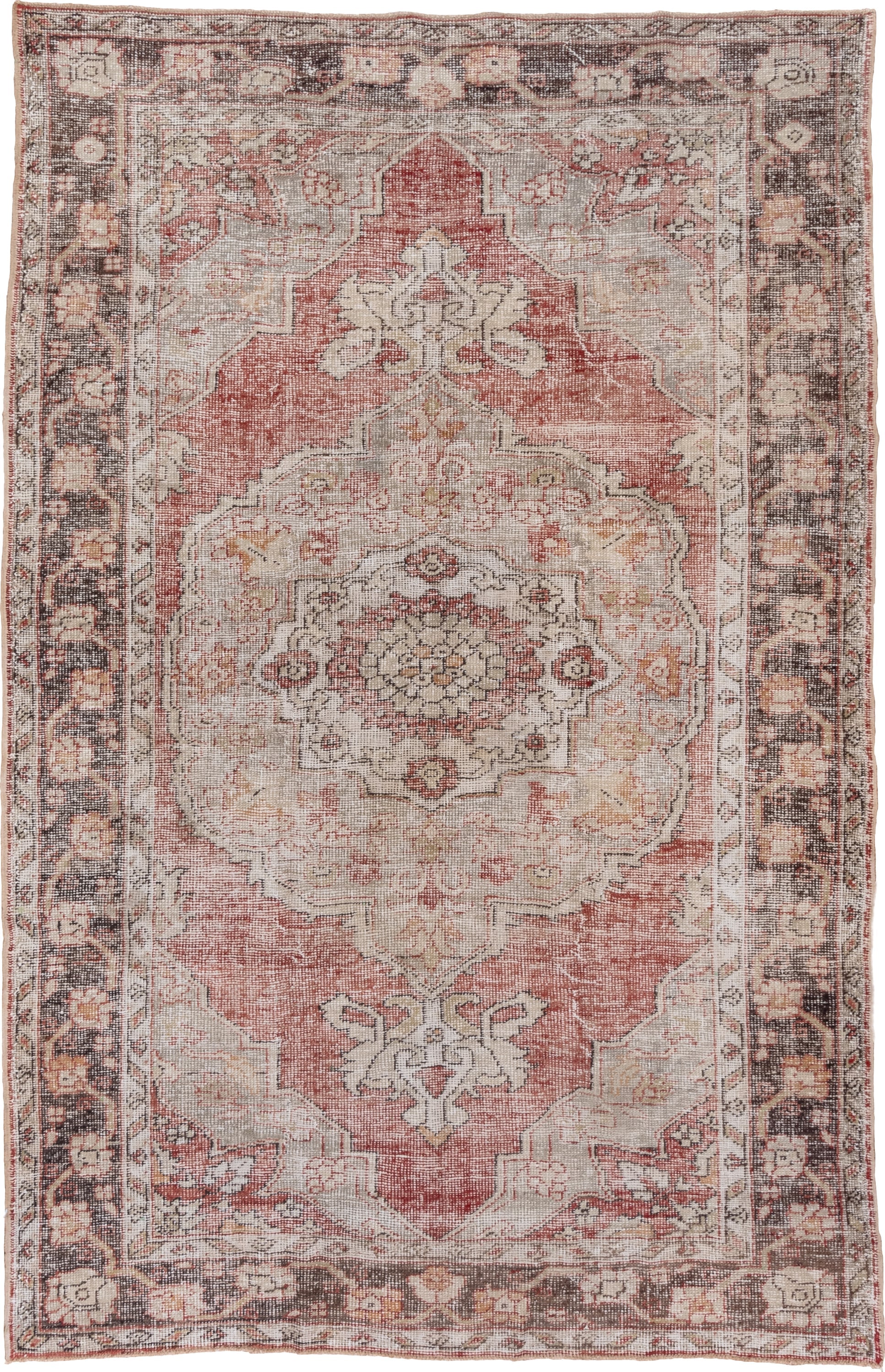 7' x 10' one-of-a-kind handmade vintage Oushak large size rug. Color palette: rose, ivory, charcoal, taupe, blush, camel