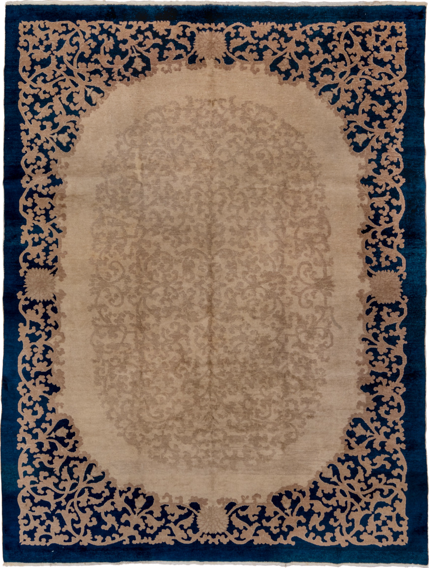 8' x 10' one-of-a-kind handmade vintage Chinese large size rug. Color palette: ivory, navy, taupe, beige, blue, gray