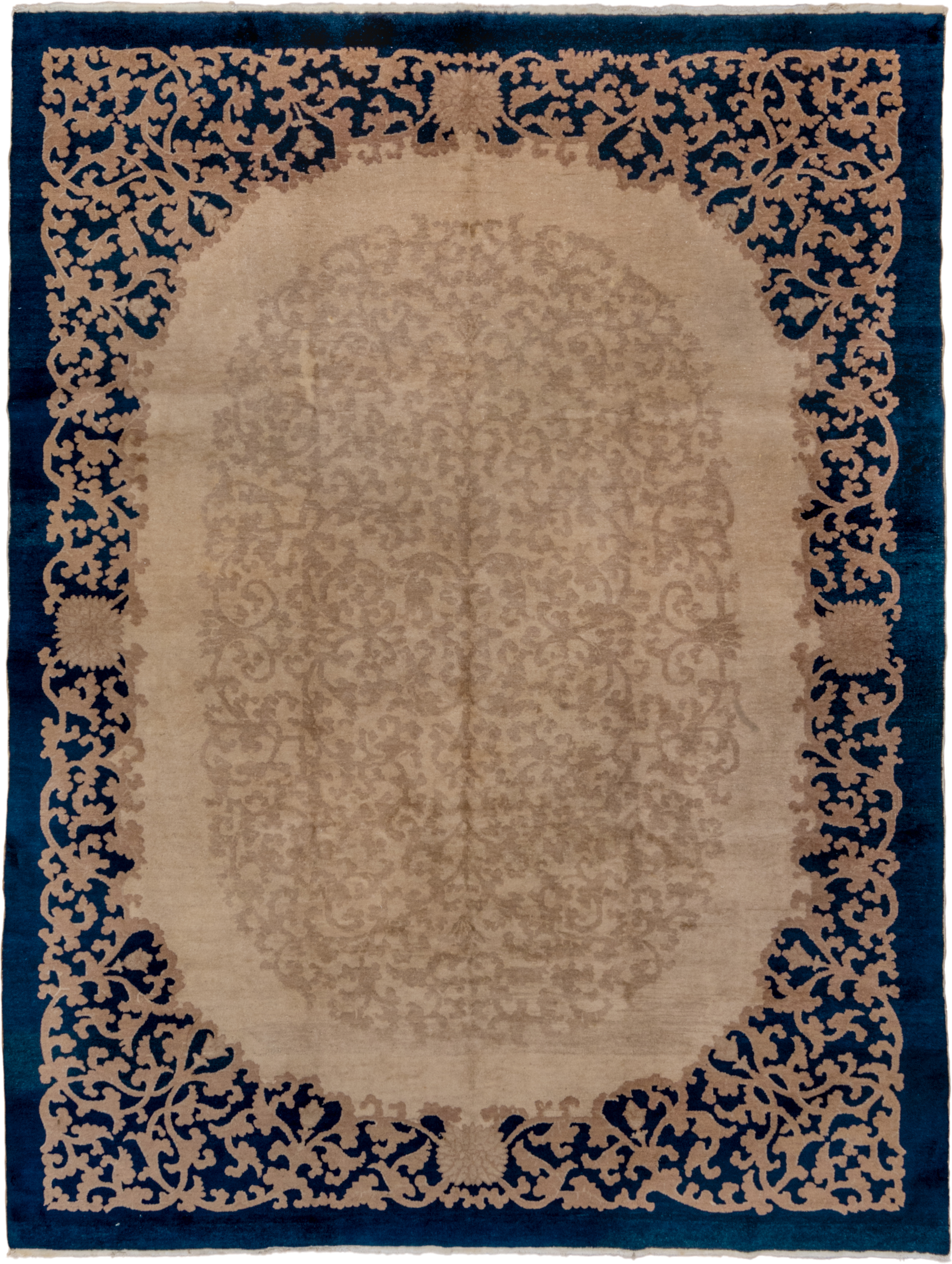 8' x 10' one-of-a-kind handmade vintage Chinese large size rug. Color palette: ivory, navy, taupe, beige, blue, gray