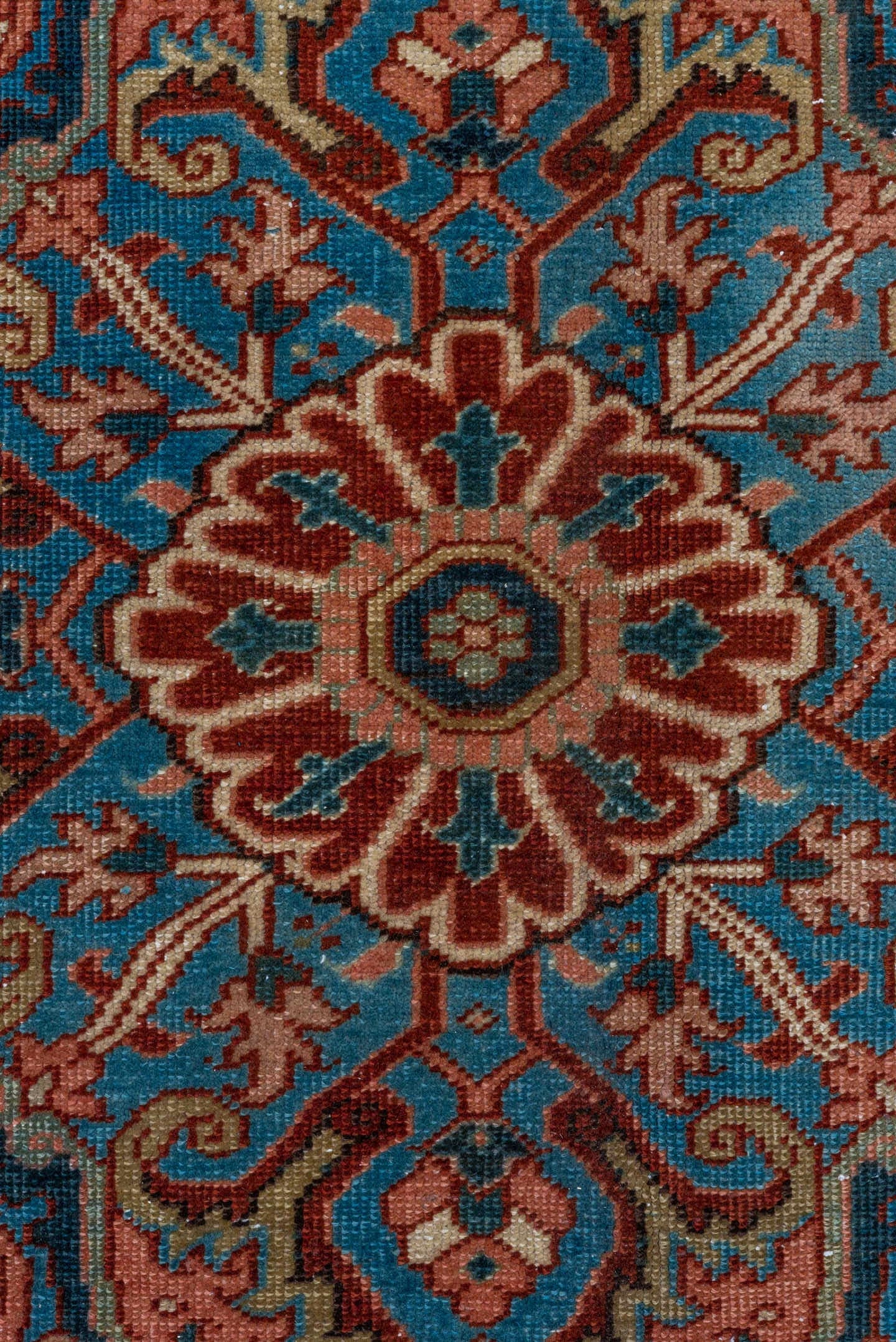 8' x 12' one-of-a-kind handmade vintage Heriz large size rug. Color palette: navy, ivory, terra cotta, rust, sky blue