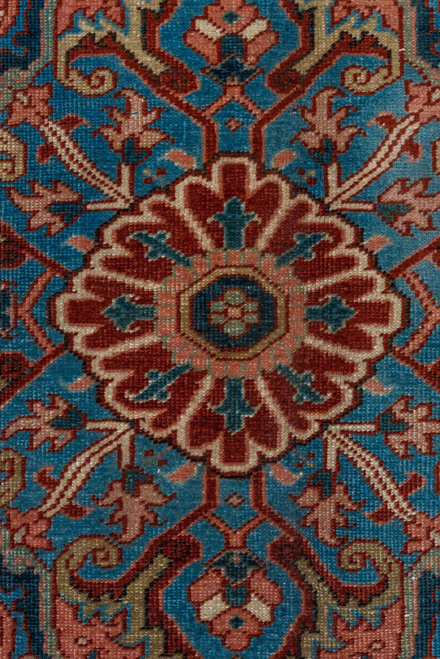 8' x 12' one-of-a-kind handmade vintage Heriz large size rug. Color palette: navy, ivory, terra cotta, rust, sky blue