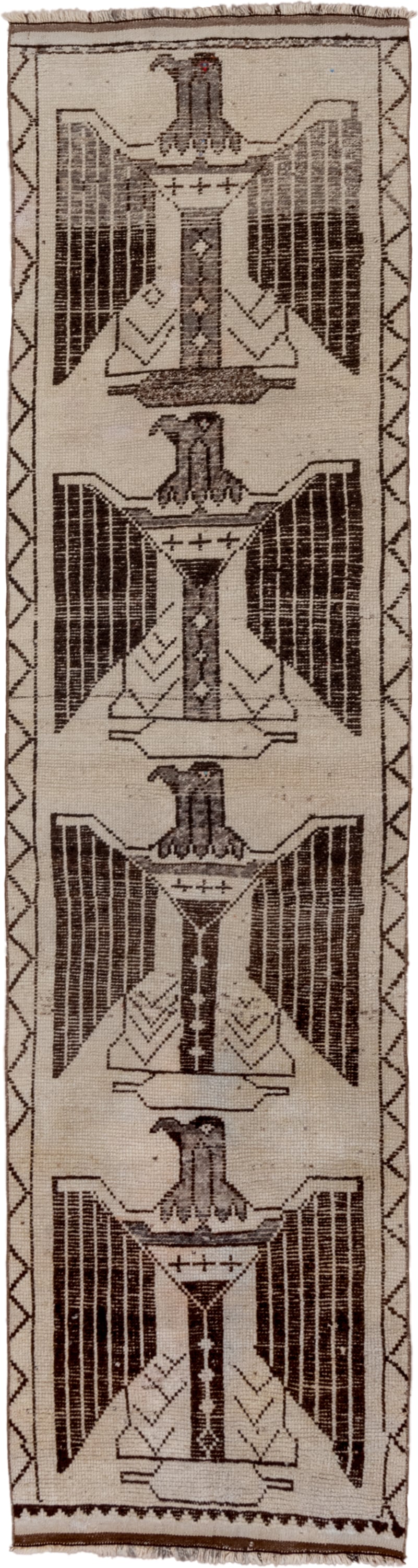 3' x 11' one-of-a-kind handmade vintage Kars runner rug. Color palette: ivory, brown, taupe, charcoal, beige, gray, black