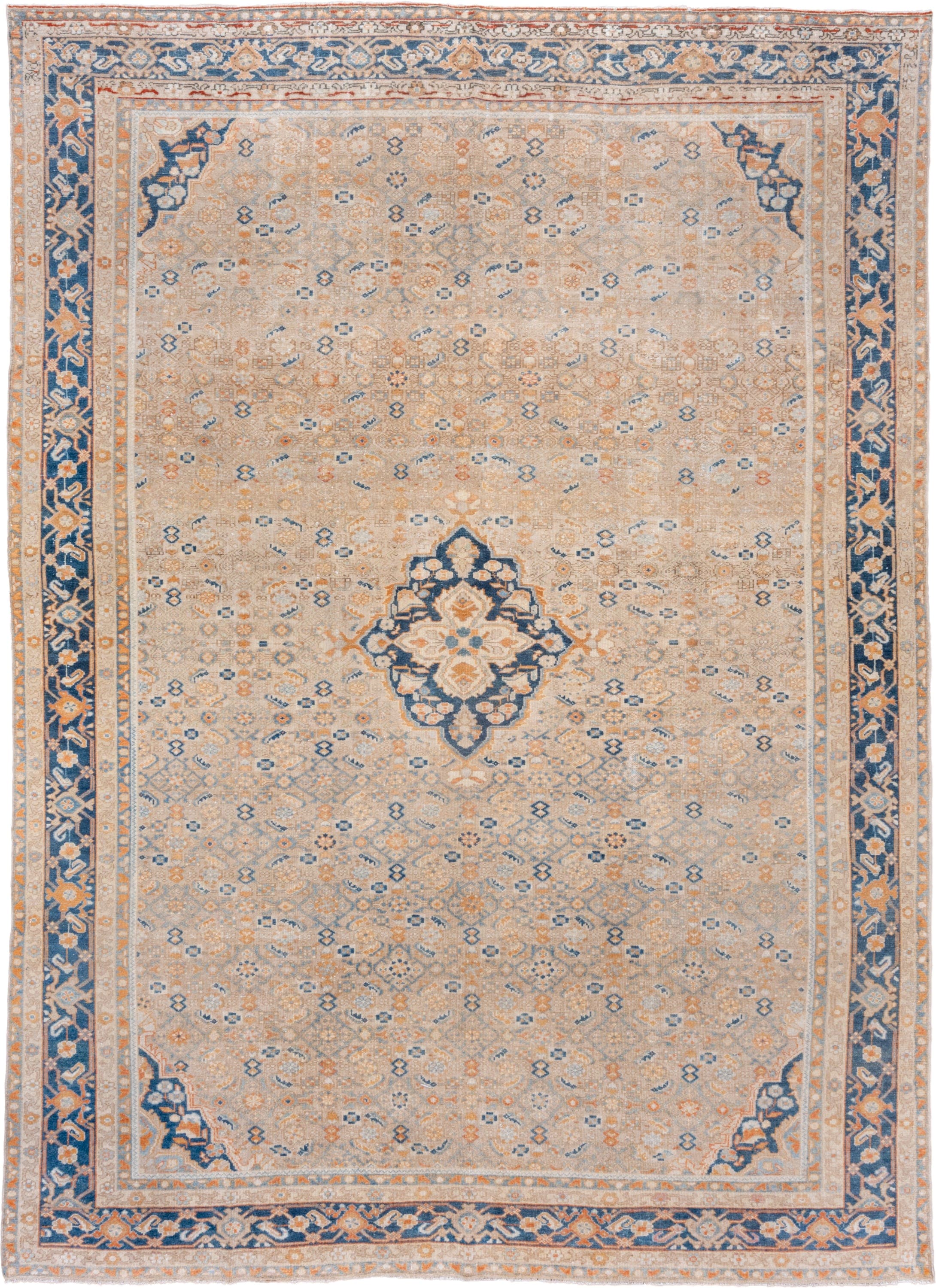 9' x 12' one-of-a-kind handmade vintage Malayer large size rug. Color palette: ivory, blue, peach, gold, beige, camel