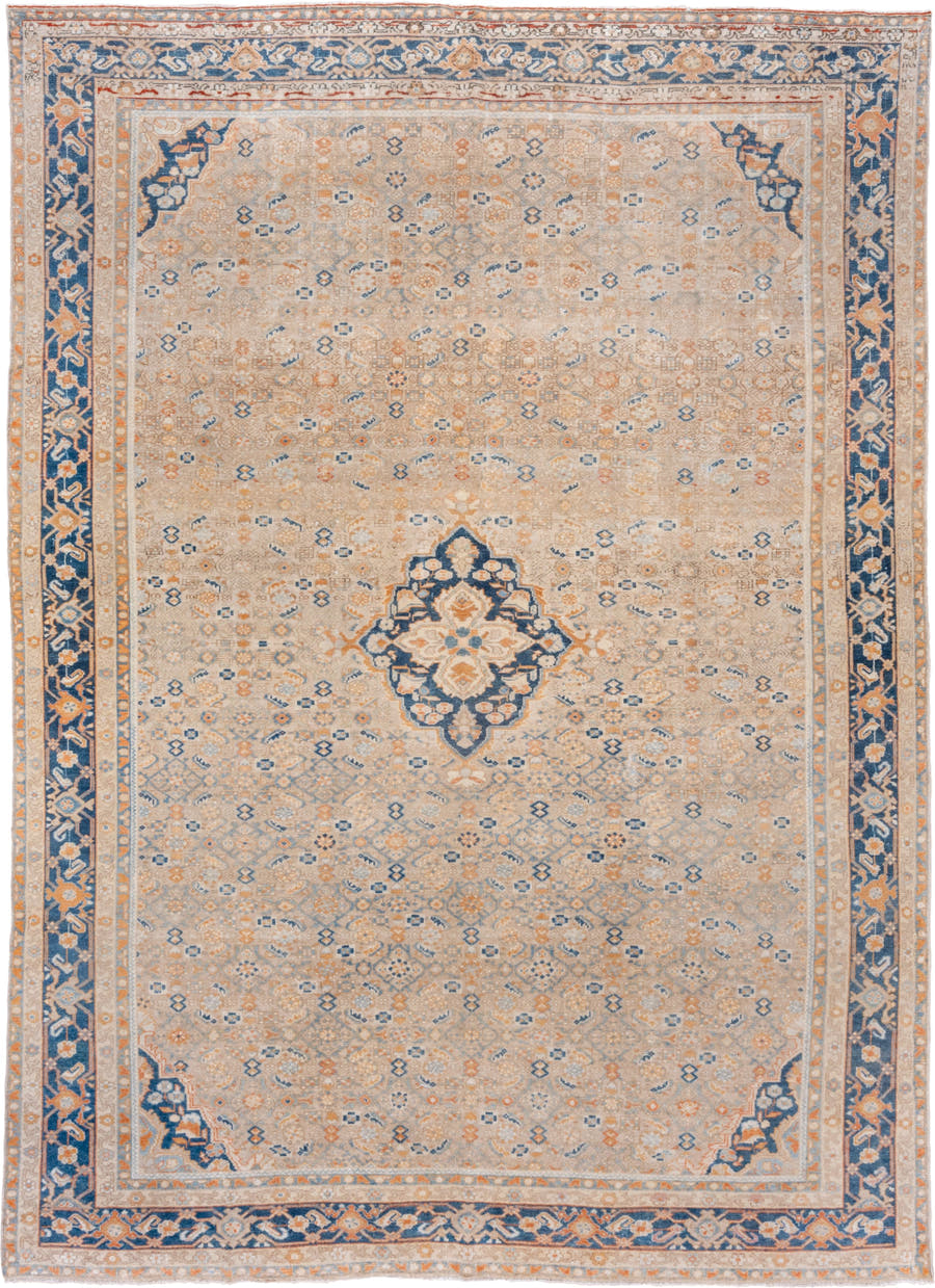 9' x 12' one-of-a-kind handmade vintage Malayer large size rug. Color palette: ivory, blue, peach, gold, beige, camel