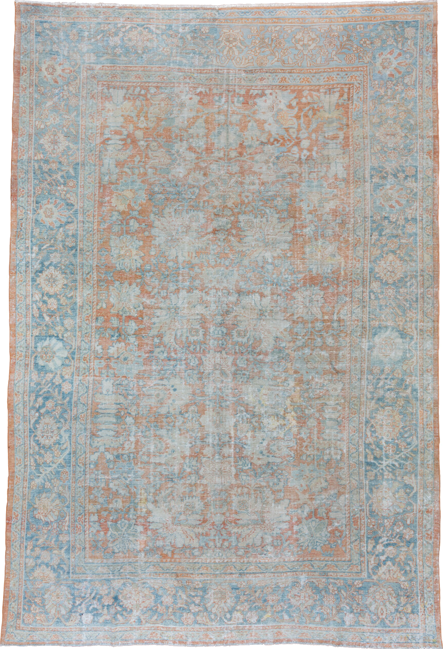 9' x 14' one-of-a-kind handmade vintage Mahal large size rug. Color palette: blue, gray, light blue, light gray, off-white