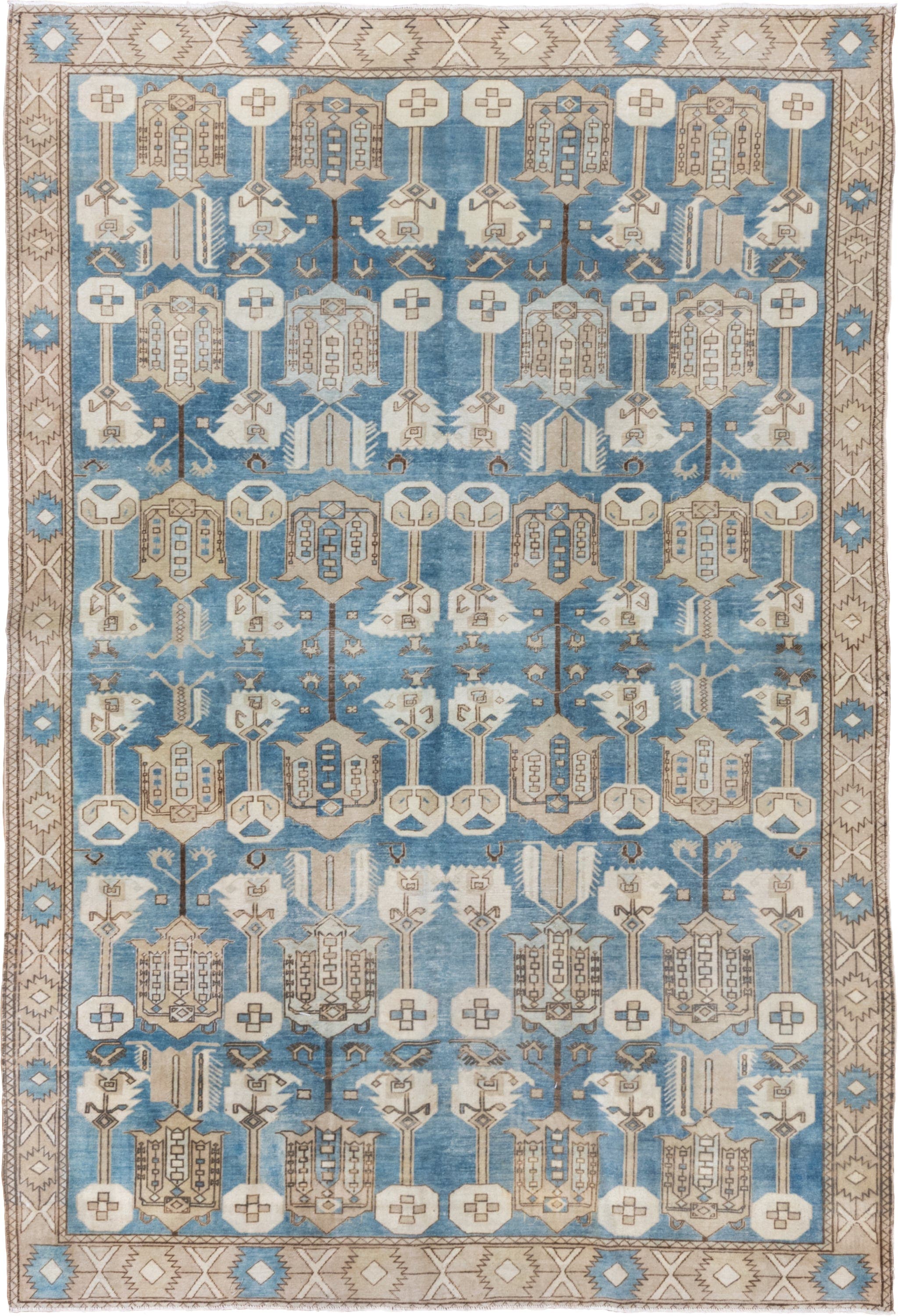 6' x 10' one-of-a-kind handmade antique Oushak large size rug. Color palette: sky blue, ivory, taupe, beige, camel, brown