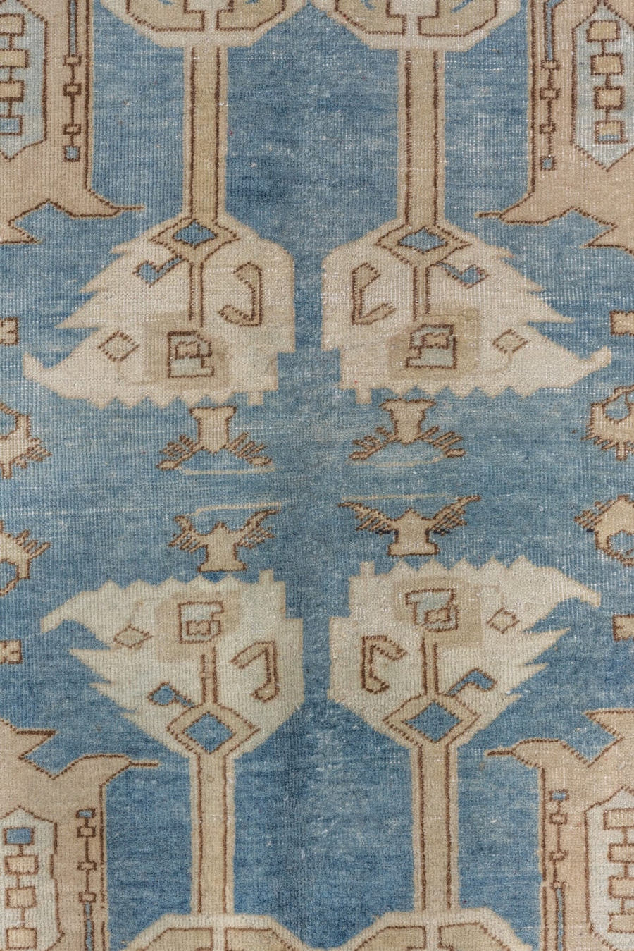 6' x 10' one-of-a-kind handmade antique Oushak large size rug. Color palette: sky blue, ivory, taupe, beige, camel, brown