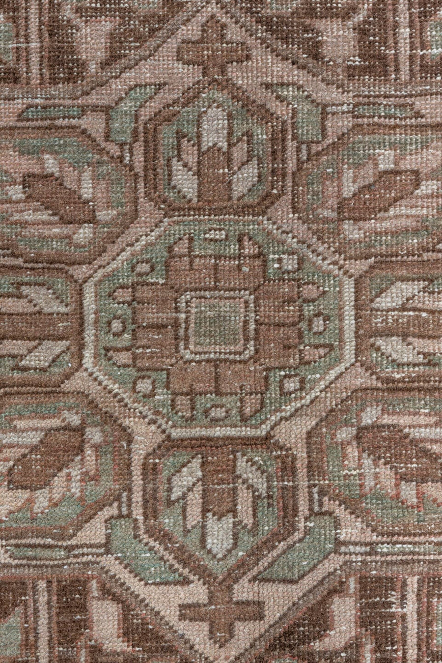 8' x 12' one-of-a-kind handmade antique Heriz large size rug. Color palette: rose, brown, ivory, taupe, sage, charcoal, pink